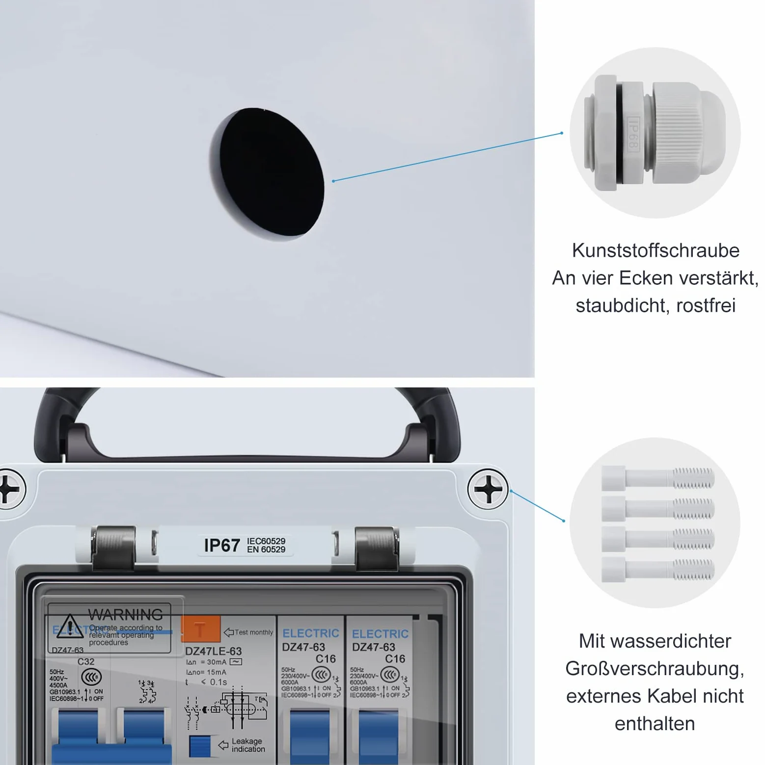 HITRENDS Répartiteur de courant de construction mural pré-câblé, 4 prises Schuko 230 V, 1 interrupteur FI 32 A + 2 interrupteurs LS 16 A, boîtier étanche IP67 pour l'intérieur et l'extérieur