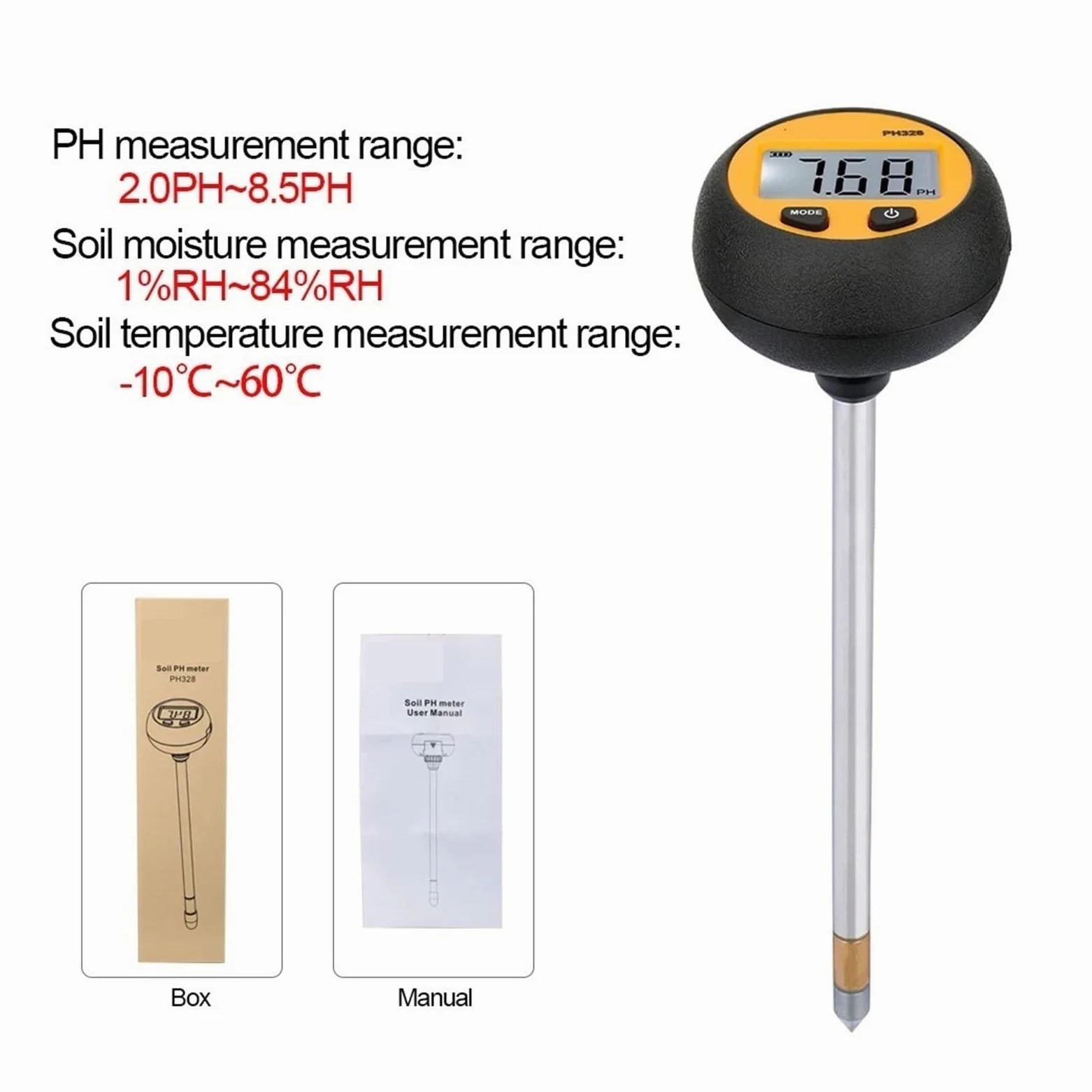 Testeur de pH et d'acidité du sol 3 en 1, testeur de température et d'humidité for l'agriculture florale avec détecteur d'humidité rétroéclairé