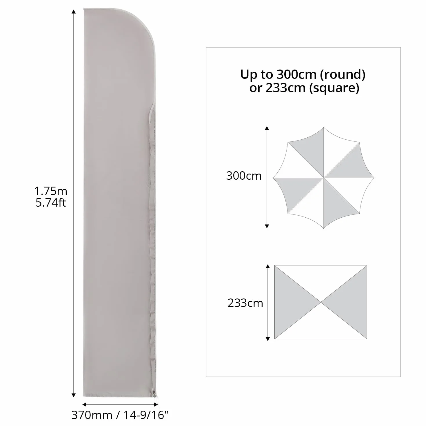 Housse Imperméable pour Parasol 300 cm, avec Tige de Montage, Fermeture Éclair Invisible - 175×30,5/36,5 cm, Résistante aux UV
