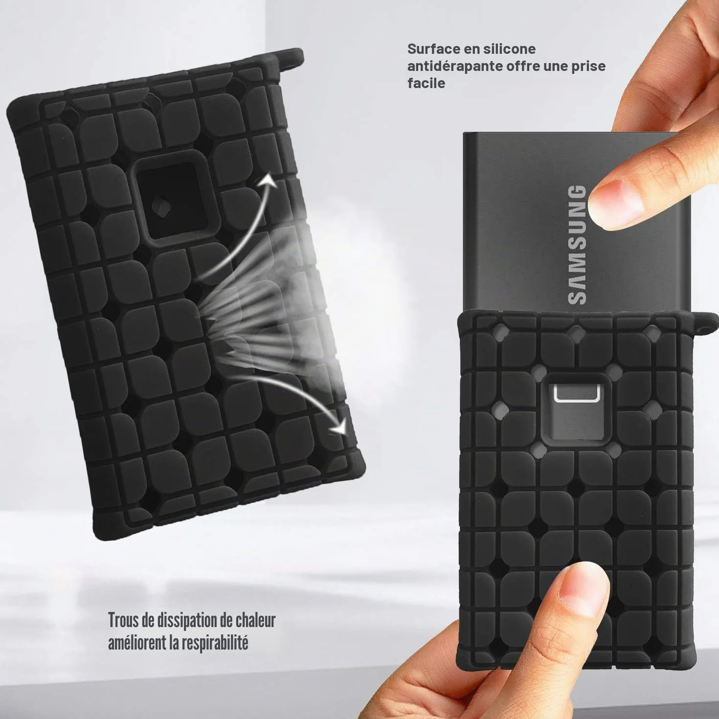 ProCase Étui SSD Samsung T7 T7 Touch Silicone Housse Voyage Portable Externe Coque Rigide Poche Filet Noir