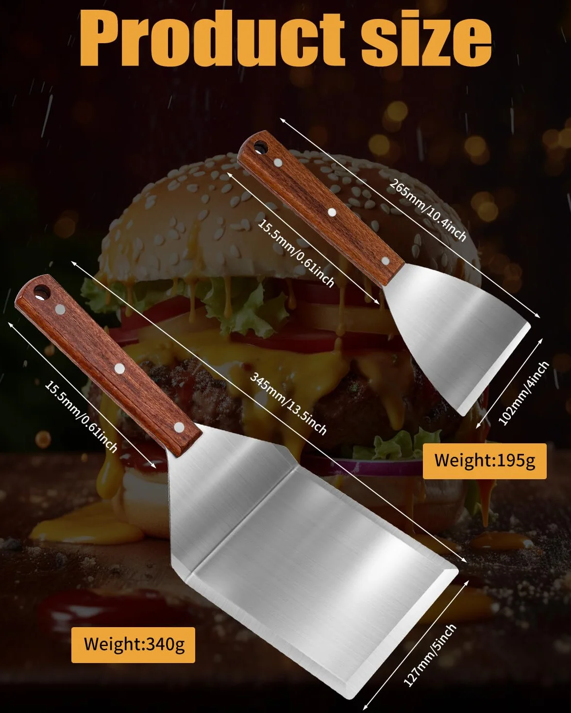 Set de Spatules Barbecue Acier Inoxydable avec Retourneur Grillades et Écraseur Burgers
