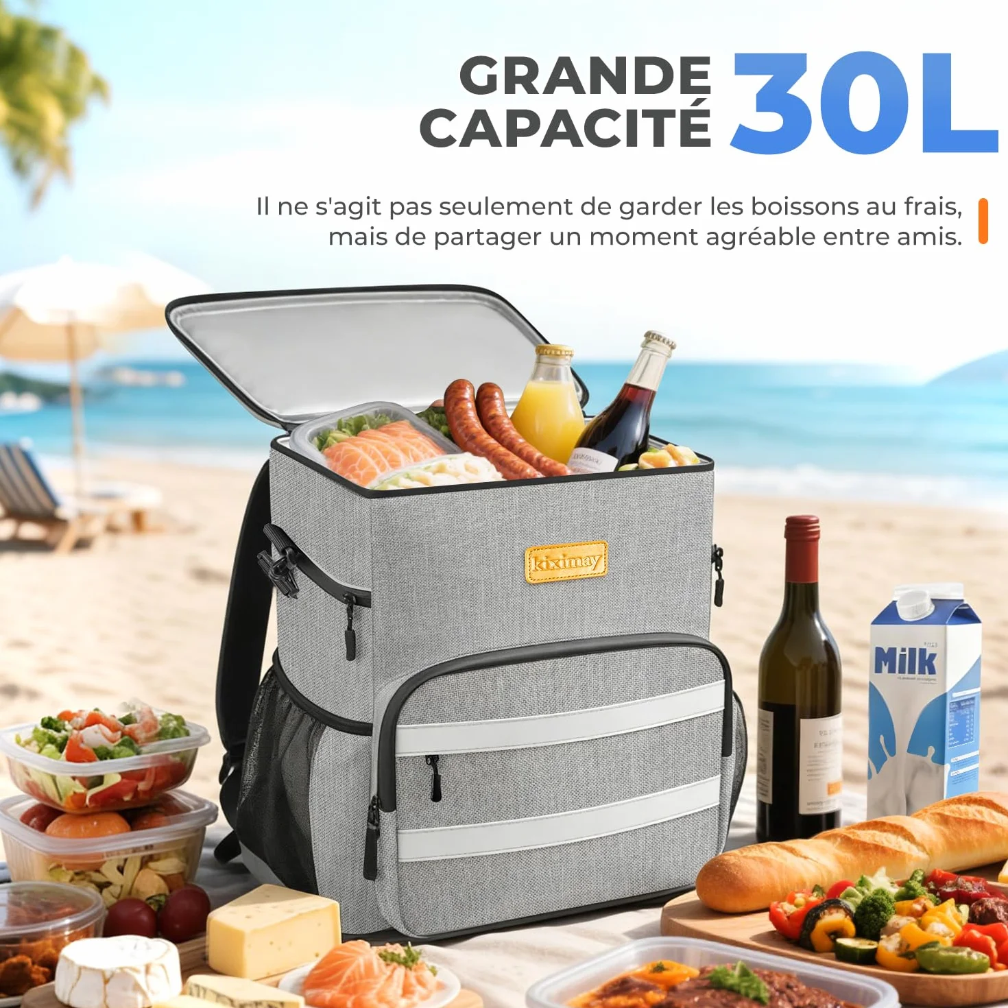 Sac à Dos Isotherme 30L Pliable - Grand Capacité, Maintient au Frais 24H, Léger et Imperméable pour Pique-Nique, Plage, Voyage, Pêche, Barbecue, Gris