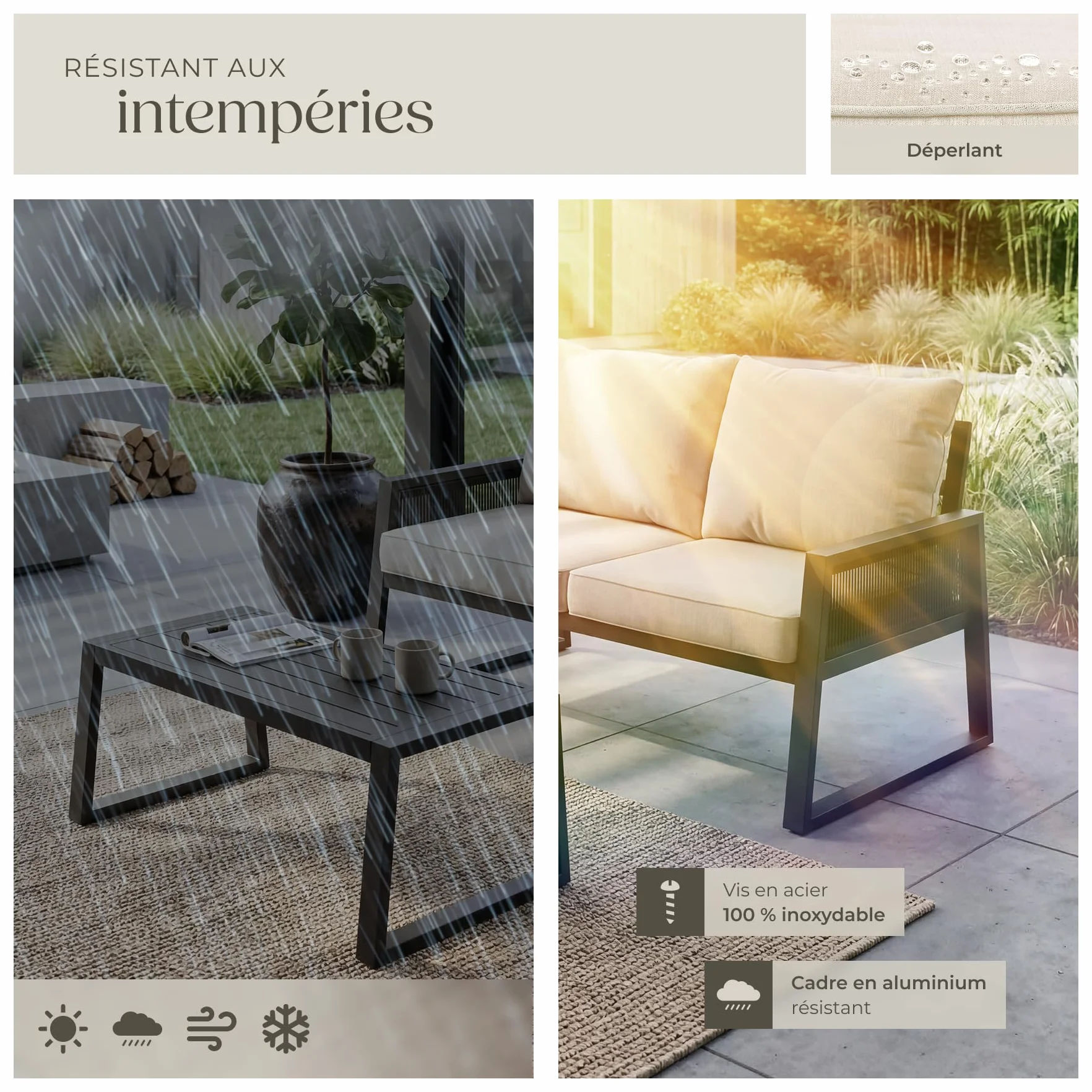 Tectake Salon de Jardin Canapé 2 Places Banquette Table Basse Coussins Inclus Cadre Aluminium laqué époxy Mobilier Exterieur