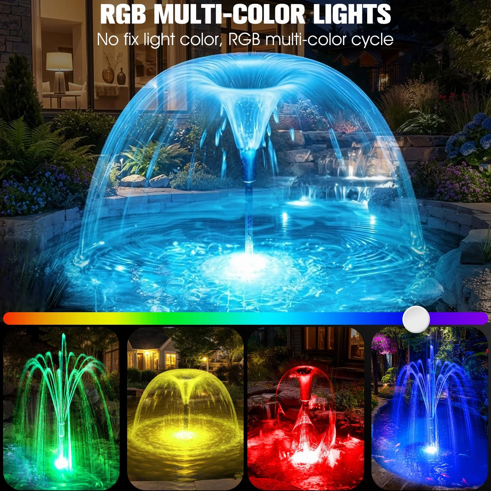 Luxfero Pompe pour Fontaine Extérieur avec Filtre, 3000 L/H, Lumières RGB, 3 Modes de Pulvérisation