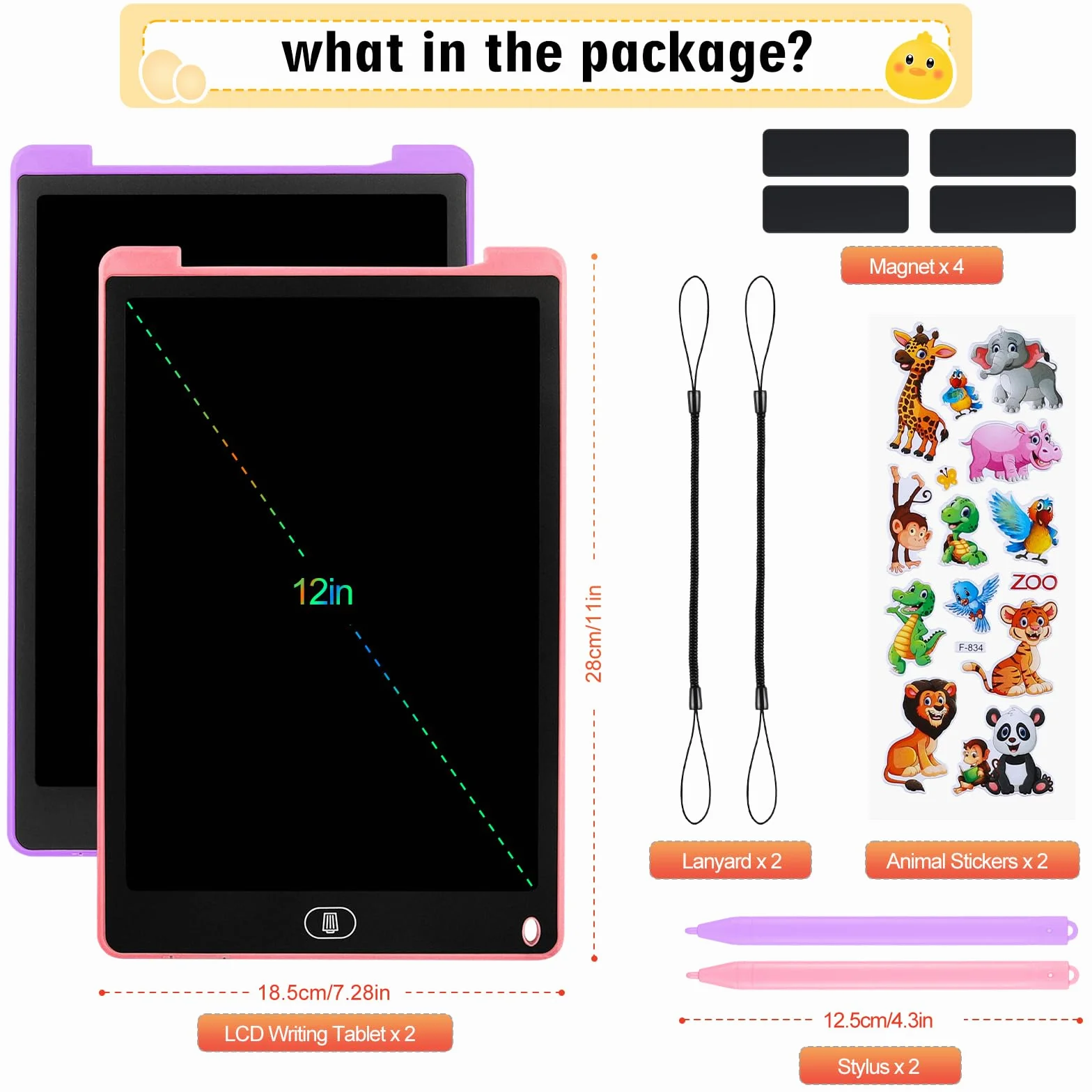Tablette D'écriture LCD 13 Pouces Écran Coloré Effaçable avec Autocollants Animaux Rose Violet 2 Pack