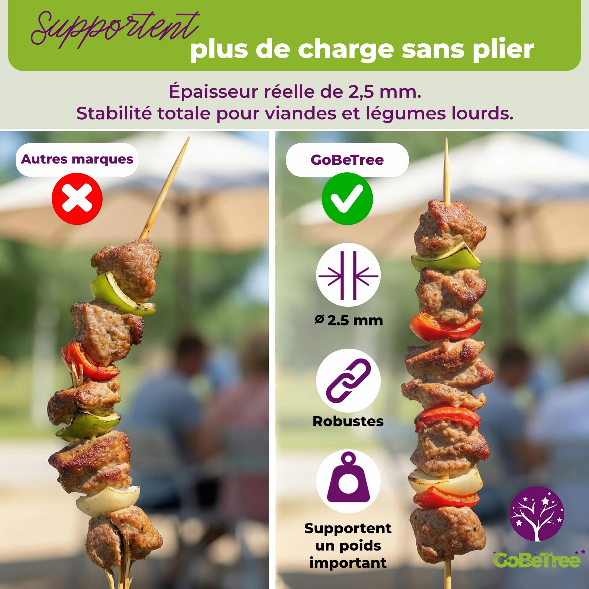 Piques à Brochette en Bois de Bouleau 15 cm x 2,5 mm Extra Résistants pour Barbecue