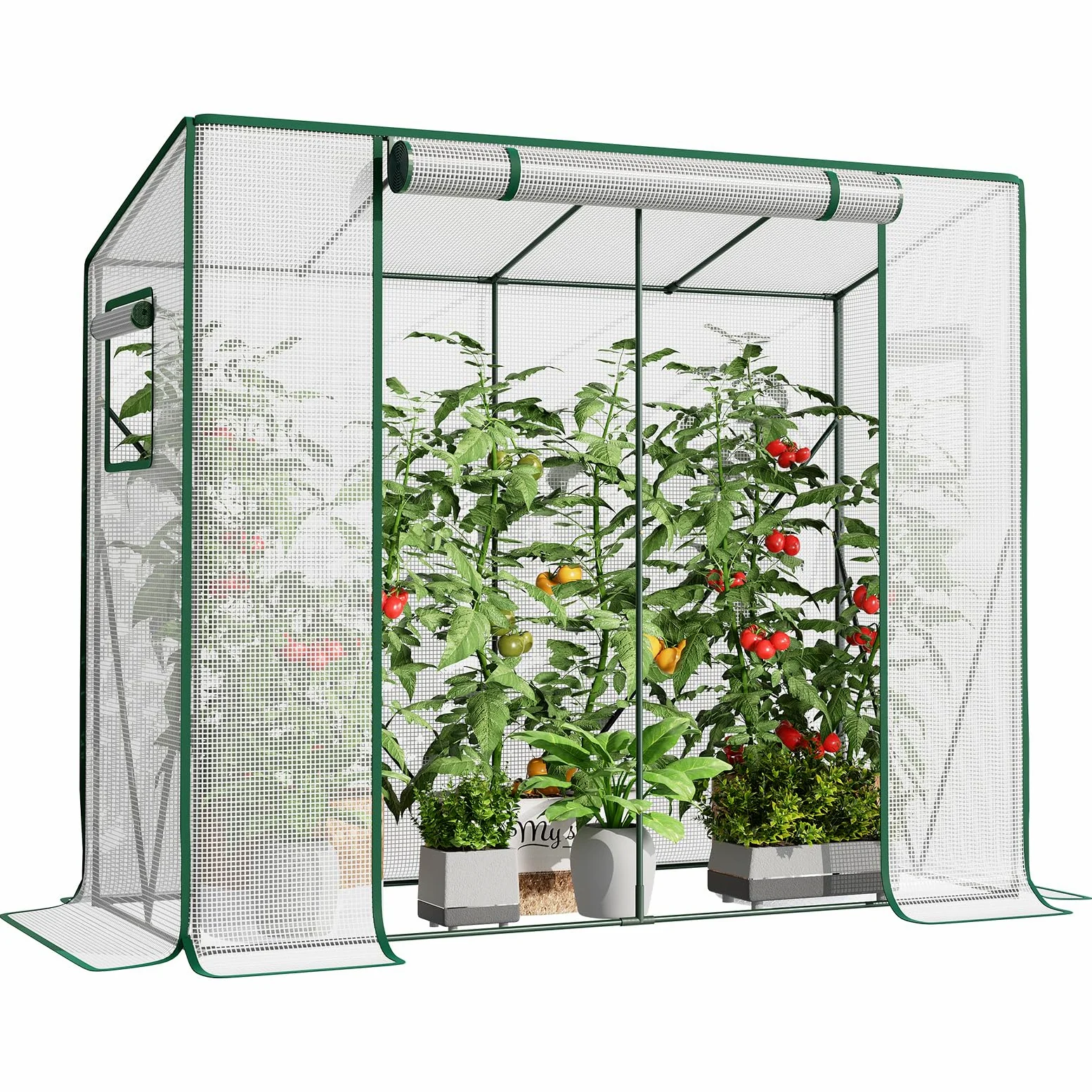 LARMNEE Serre de Jardin à Toit en Pente, Serre à Tomates Plastique, 200 x 77,5 x 170 cm, Abri Potager pour Plantes, avec Porte Enroulable, Anti-UV, pour Balcon, Jardin, Blanc EWT30GH02G3