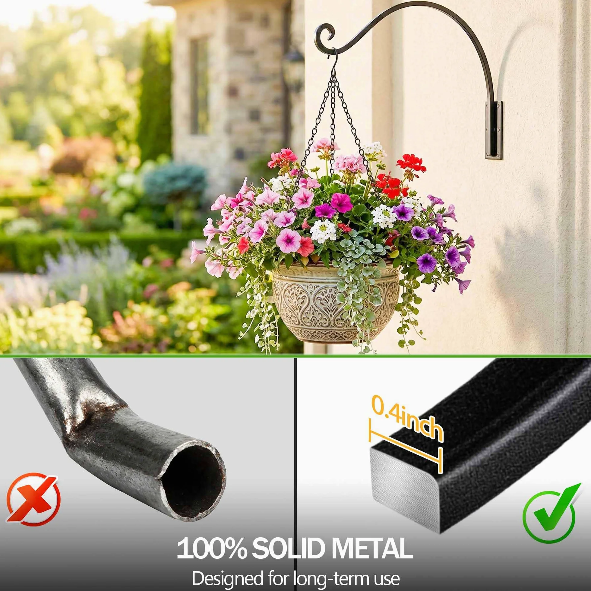 Qiang Ni Lot de 2 crochets de suspension pour plantes d'extérieur robustes : 40,6 cm pour paniers extérieurs – 2 supports muraux pour mangeoire à oiseaux