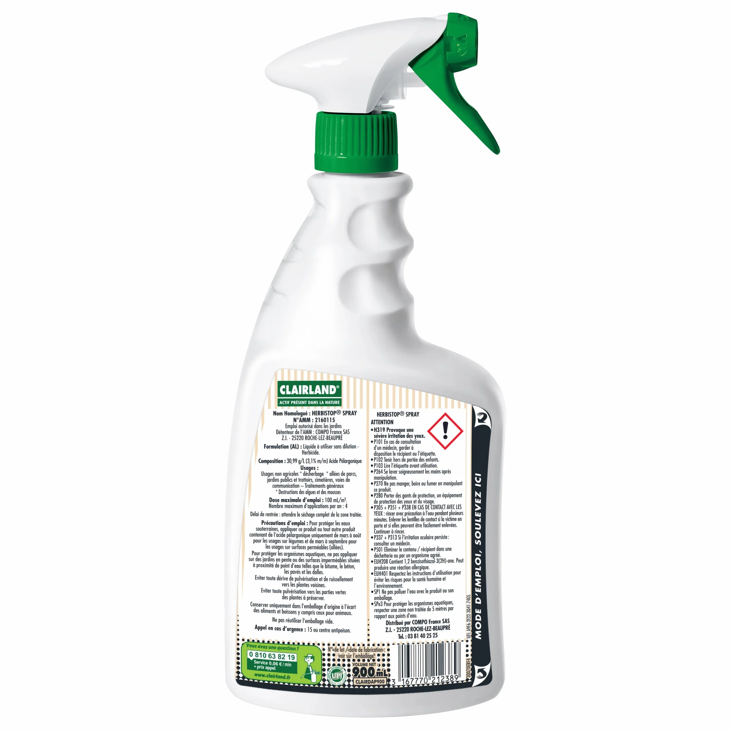 CLAIRLAND Désherbant Allées Terrasses Actif Nature Prêt à l'emploi 900 ML