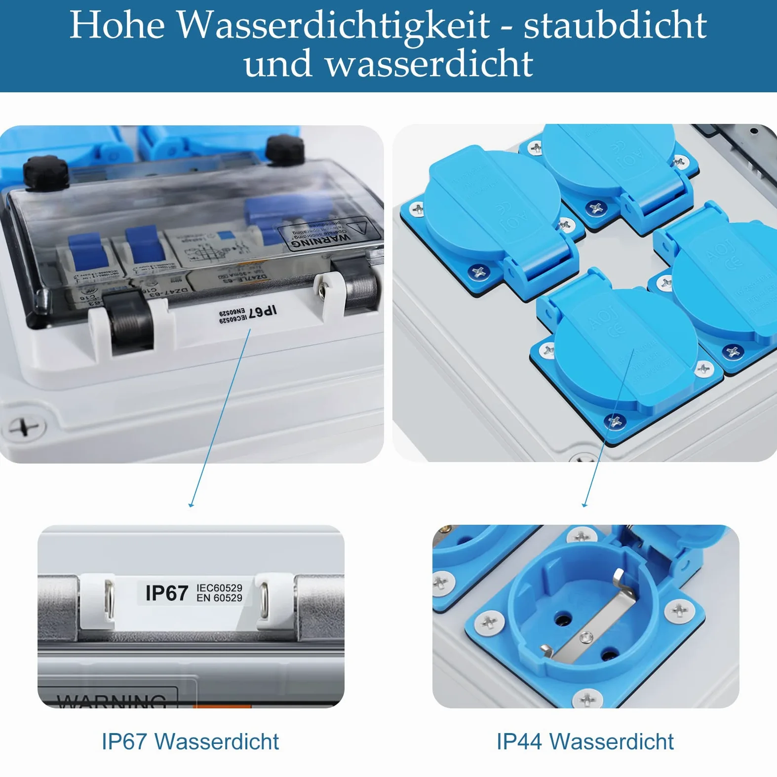 HITRENDS Répartiteur de courant de construction mural pré-câblé, 4 prises Schuko 230 V, 1 interrupteur FI 32 A + 2 interrupteurs LS 16 A, boîtier étanche IP67 pour l'intérieur et l'extérieur