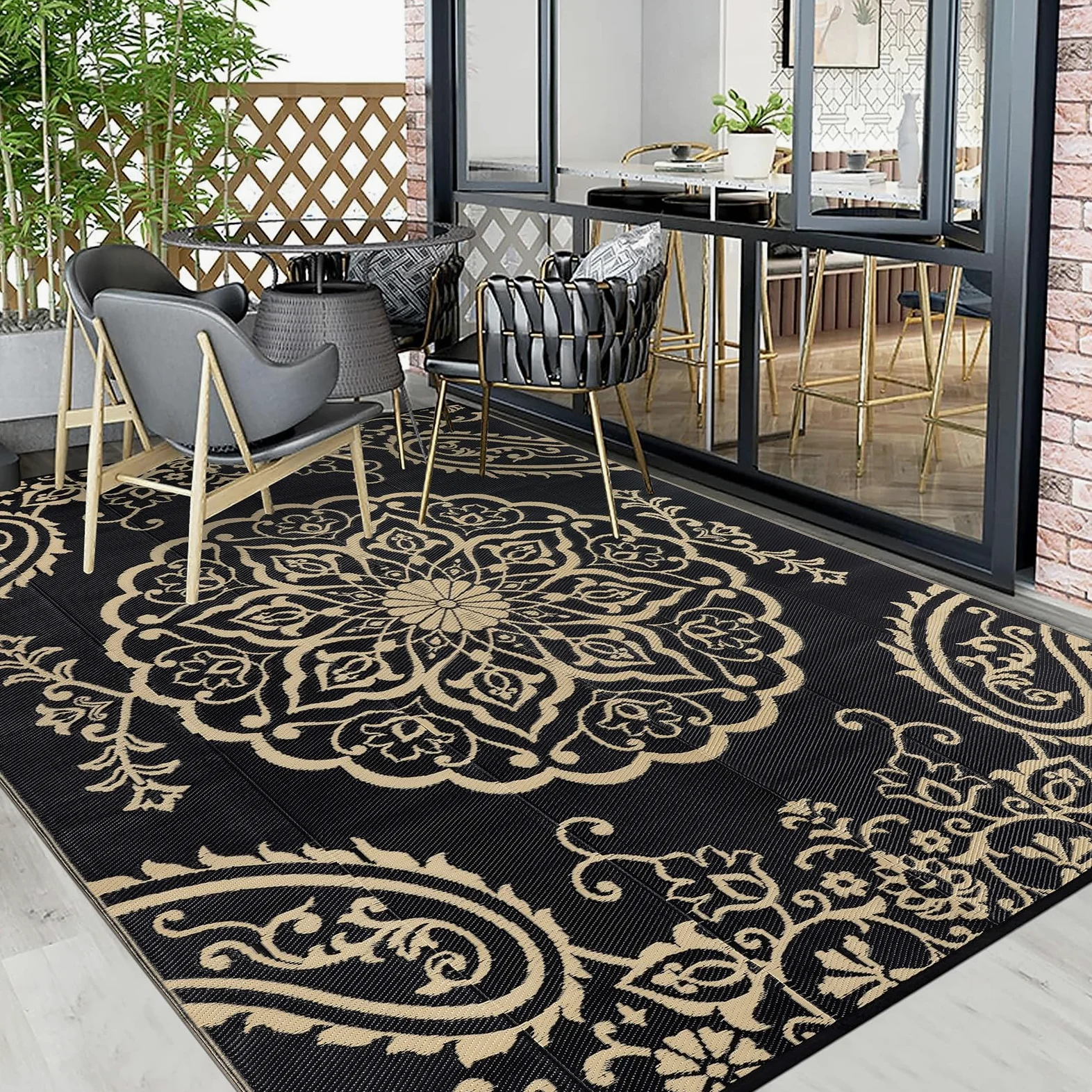 Pauwer Tapis d'extérieur imperméable 2,4 x 3 m – Tapis réversible en paille en plastique pour extérieur, camping, camping-car, pique-nique, jardin, terrasse, balcon, porche