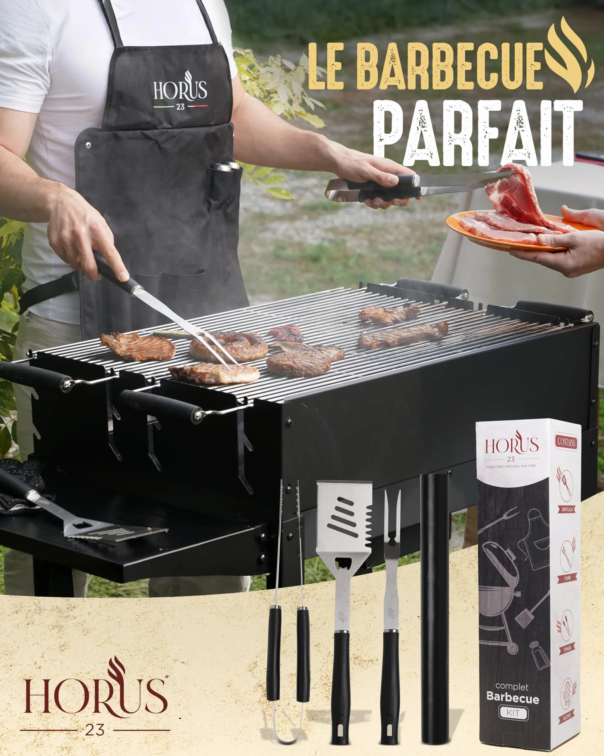 HORUS 23® Kit Barbecue Professionnel Acier INOX avec Tablier Gant Accessoires BBQ