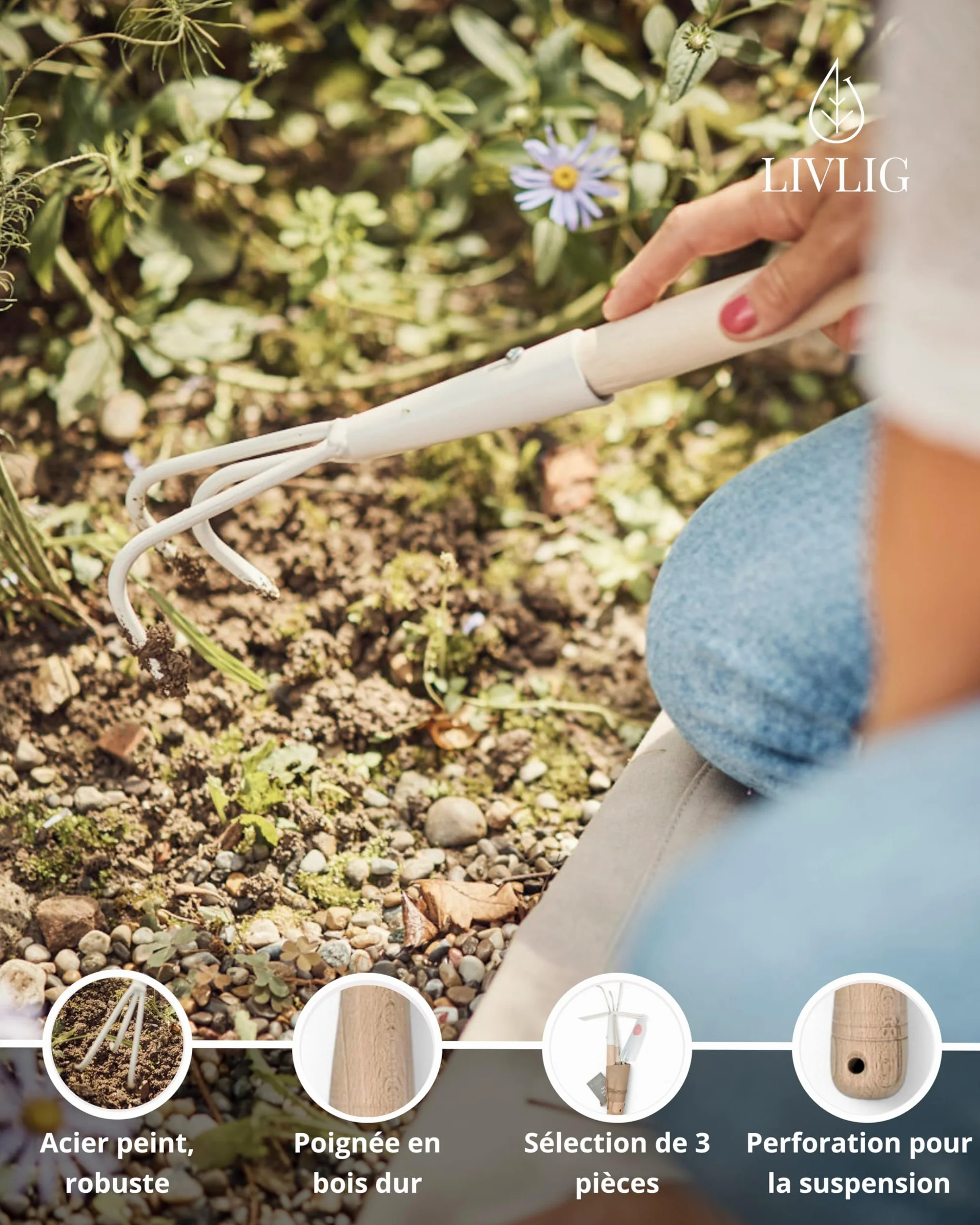 LIVLIG Outillage de Jardin - Griffe de Jardin, Pelle à Main, Houe avec 2 Griffes, Lot de 3 Outils Jardinage, Poignées en Bois - Outil Jardinage Idéal pour Cadeaux de Jardin pour Femmes et Hommes