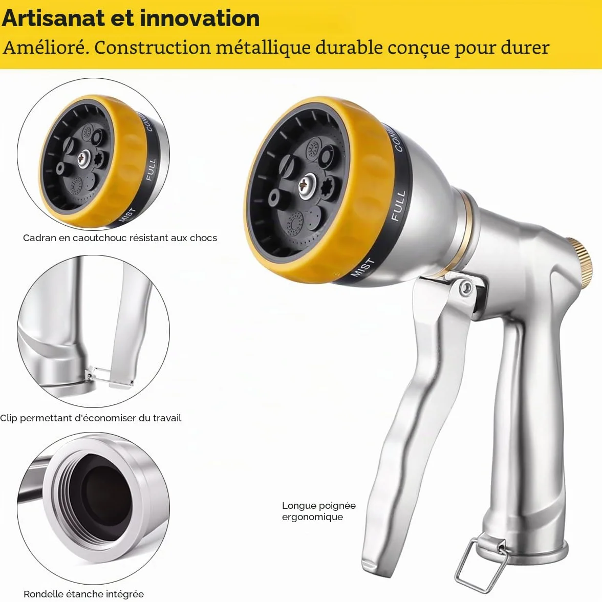 FANHAO Pistolet d'arrosage Métal 7 Modèles Débit Réglable Lavage Voiture Cour Arroser Plantes Pelouse