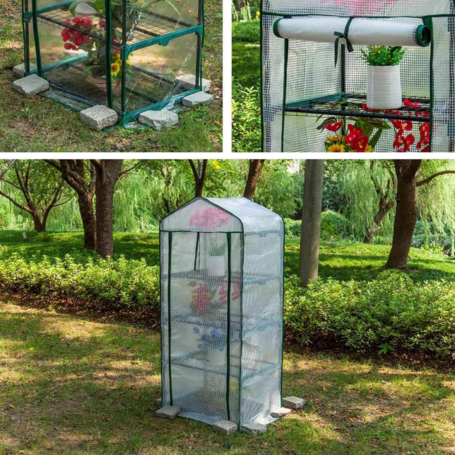 Serre à 4 étages avec design pop-up portable, couverture en PE/PVC, fenêtres et portes enroulables pour la croissance des plantes d'intérieur et d'extérieur