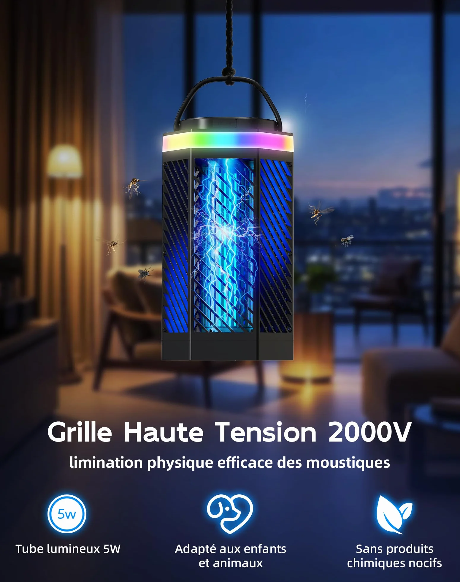 Lampe Anti-Moustique Rechargeable Tue Mouche Électrique LED 8000mAh IPX4 Destructeur d'Insectes
