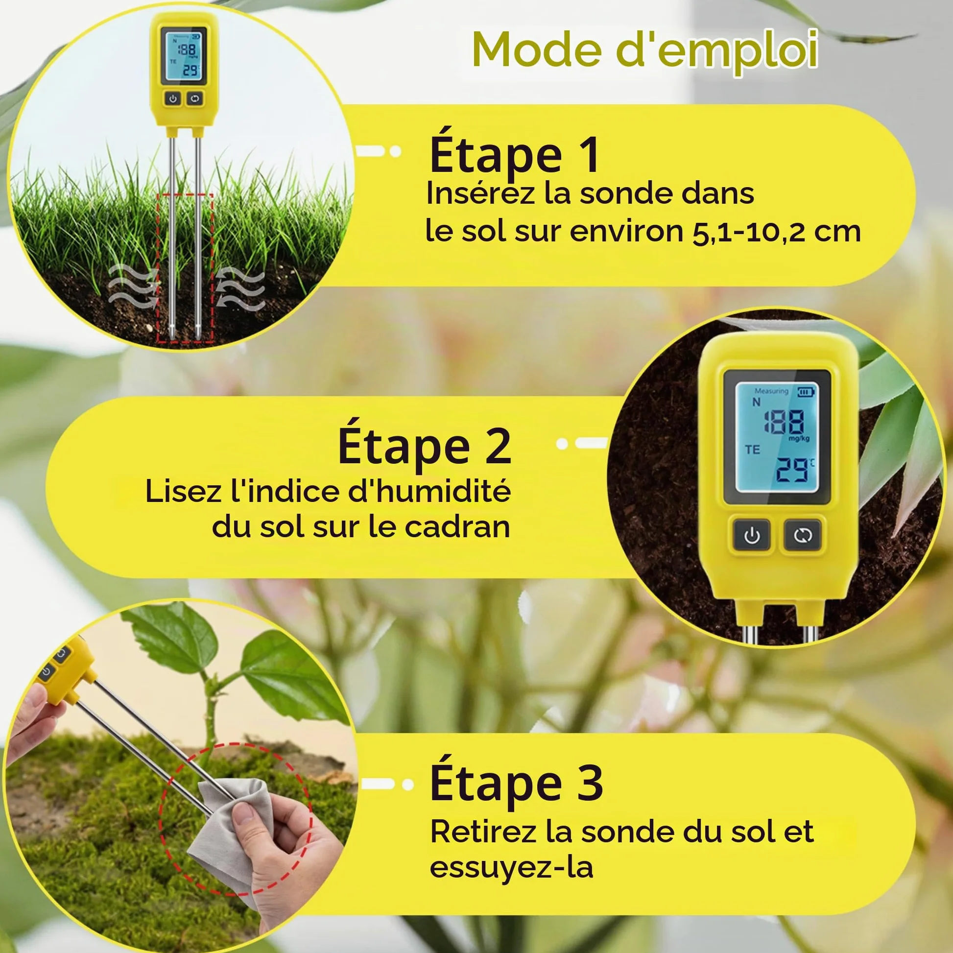 Mcbazel Professional Soil Meter, Instrument de Mesure du Sol 4 en 1,Détecteur d'Éléments Traces P/N/K, Détection de la Santé des Plantes Vertes pour Le Nitrogène/Phosphore/Potassium/Température