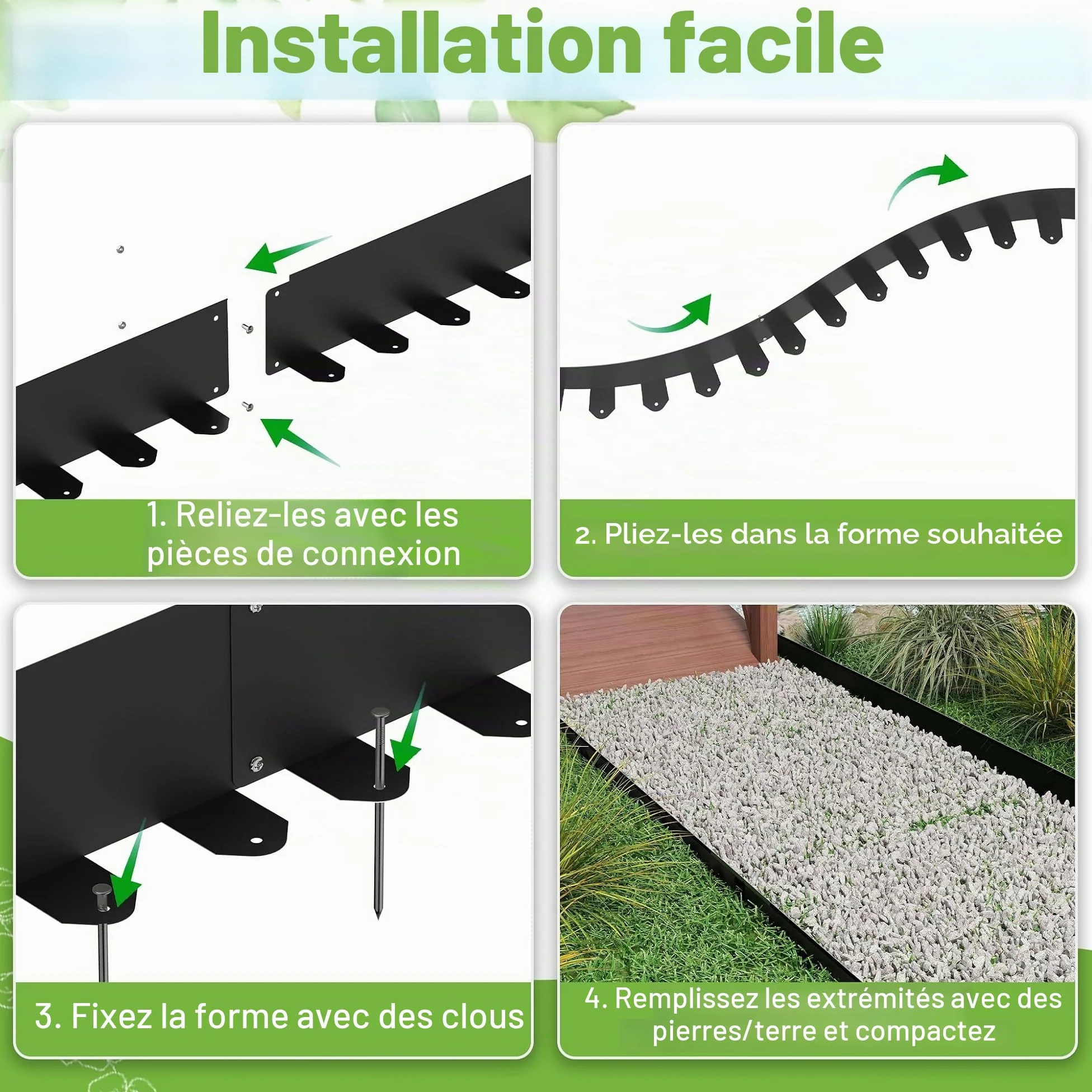 FIVMEN Lot de 10 bordures de pelouse en métal galvanisé avec 50 piquets d'ancrage - délimitation flexible de parterre - Noir - 100 x 10 cm