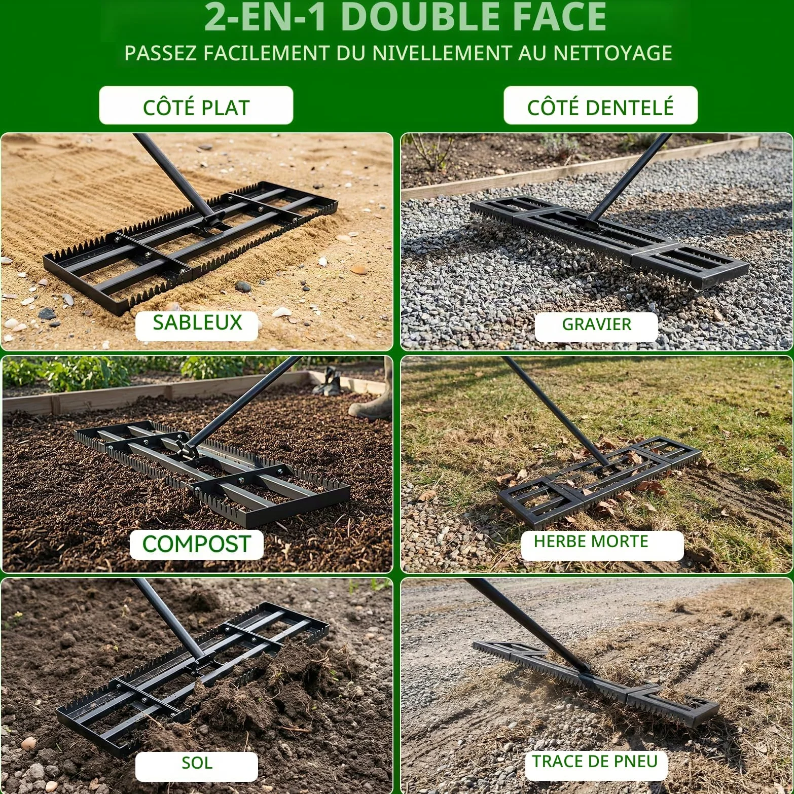 Housolution Râteau Niveleur de Pelouse 32"x10", Manche Réglable 72" | Avec Bord Dentelé & Plaque Lisse, Râteau Niveleur en Acier Inoxydable Résistant, pour Sol/Terre/Compost/Herbe Morte/Gravier