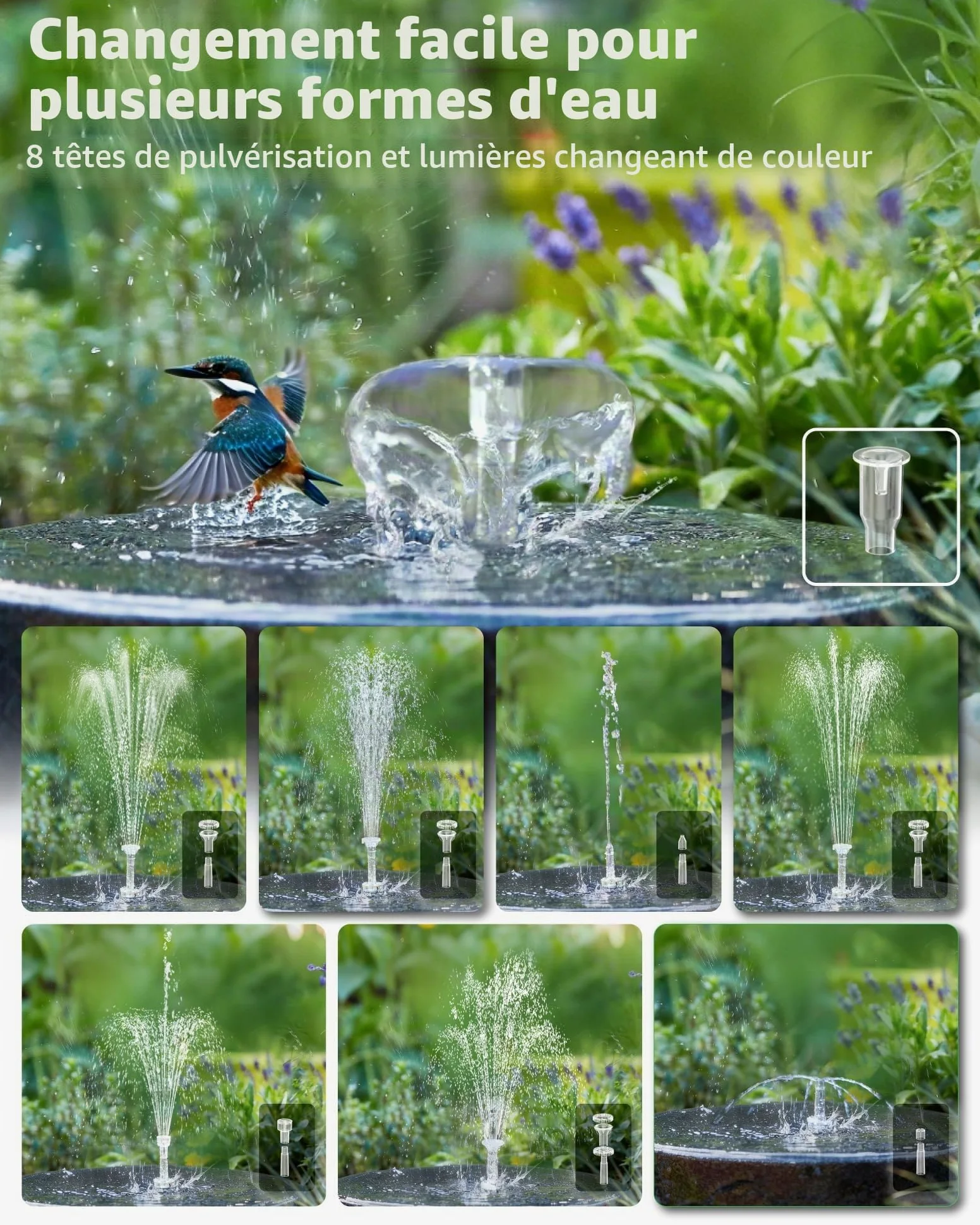 POPOSOAP Pompe solaire de bassin 12 W avec batterie de 4200 mAh, lumières LED colorées et télécommande, pompe solaire pour bain d'oiseaux, aquarium, étang de jardin et fonctions d'eau extérieure