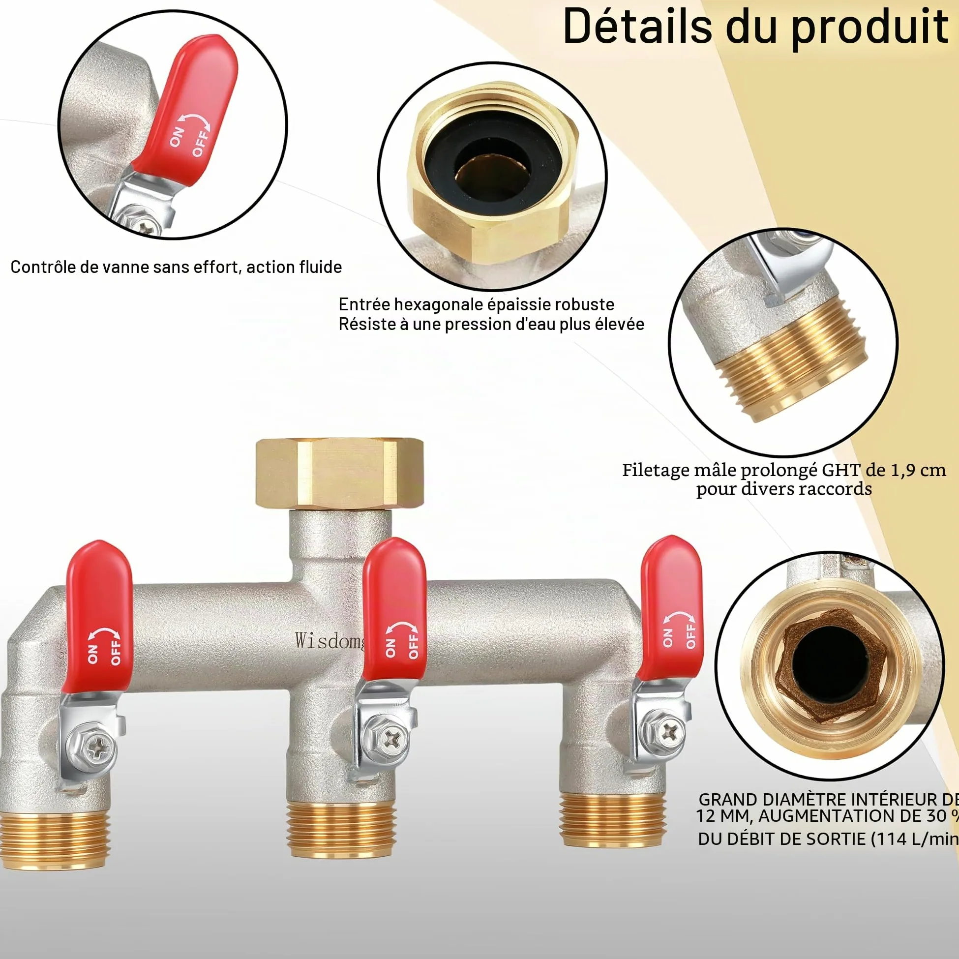 Distributeur 3 Voies, Vanne à 3 Voies d'Eau pour Robinet avec Filetage de 1 Pouce, Poignée Allongée Rouge, Laiton Robuste et Durable, avec Adaptateur 3/4 Pouce
