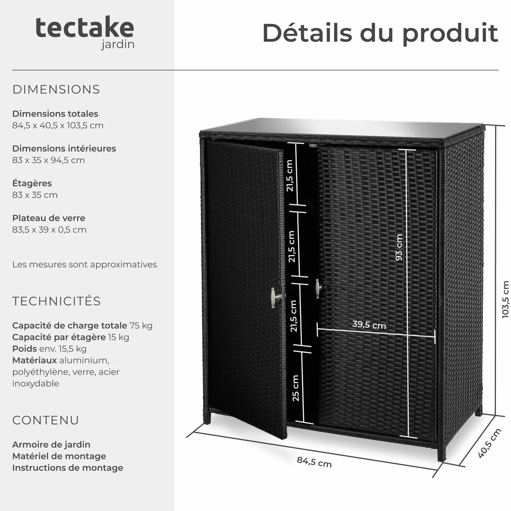 Tectake Armoire de Jardin 84,5x40,5x103,5 cm Résine tressée Aluminium 2 Portes 3 étagères 75 kg
