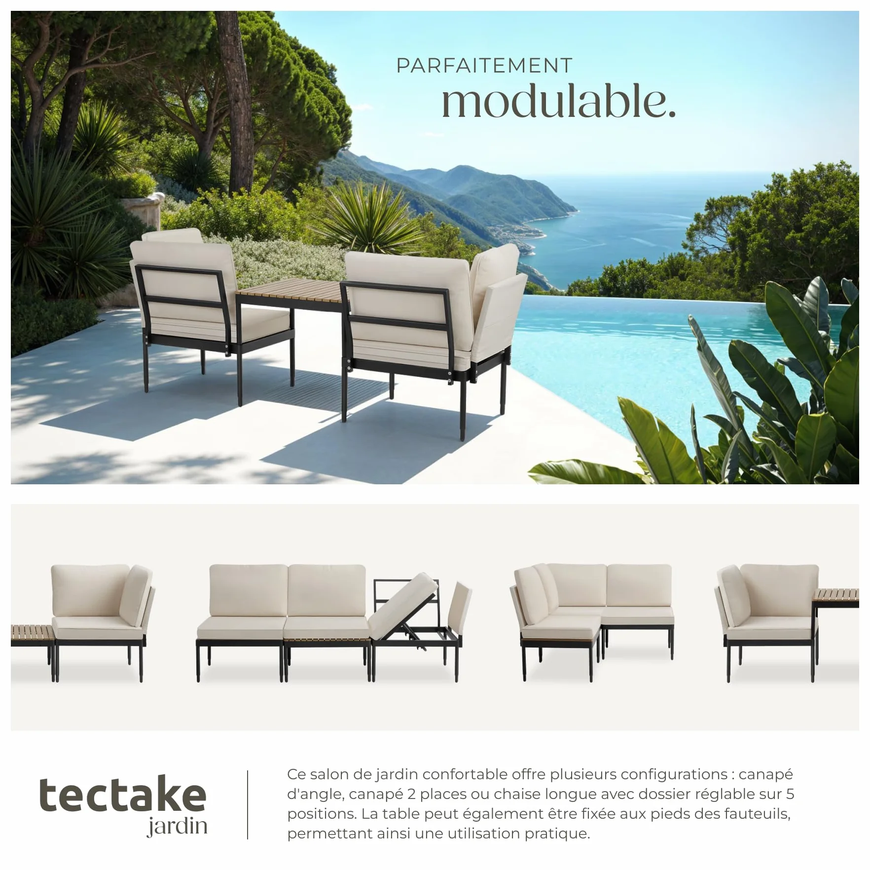 Tectake Salon de Jardin 5en1 Canapé 2 Places Modulable Table de Jardin Coussins épais Cadre Aluminium laqué époxy