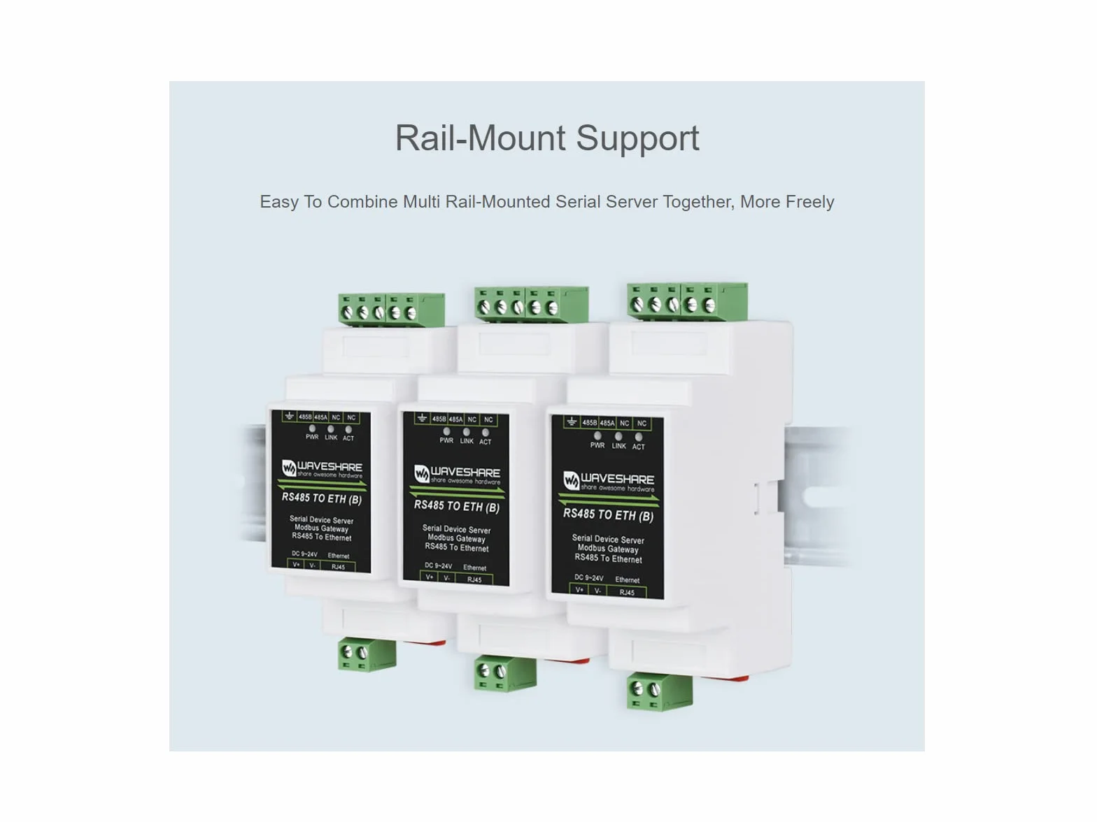 Waveshare RS485 to RJ45 Ethernet Converter Module, Industrial Rail-Mount RS485 Serial Server, TCP/IP to Serial, 300-115200 Baud, 10/100M Auto-Negotiation