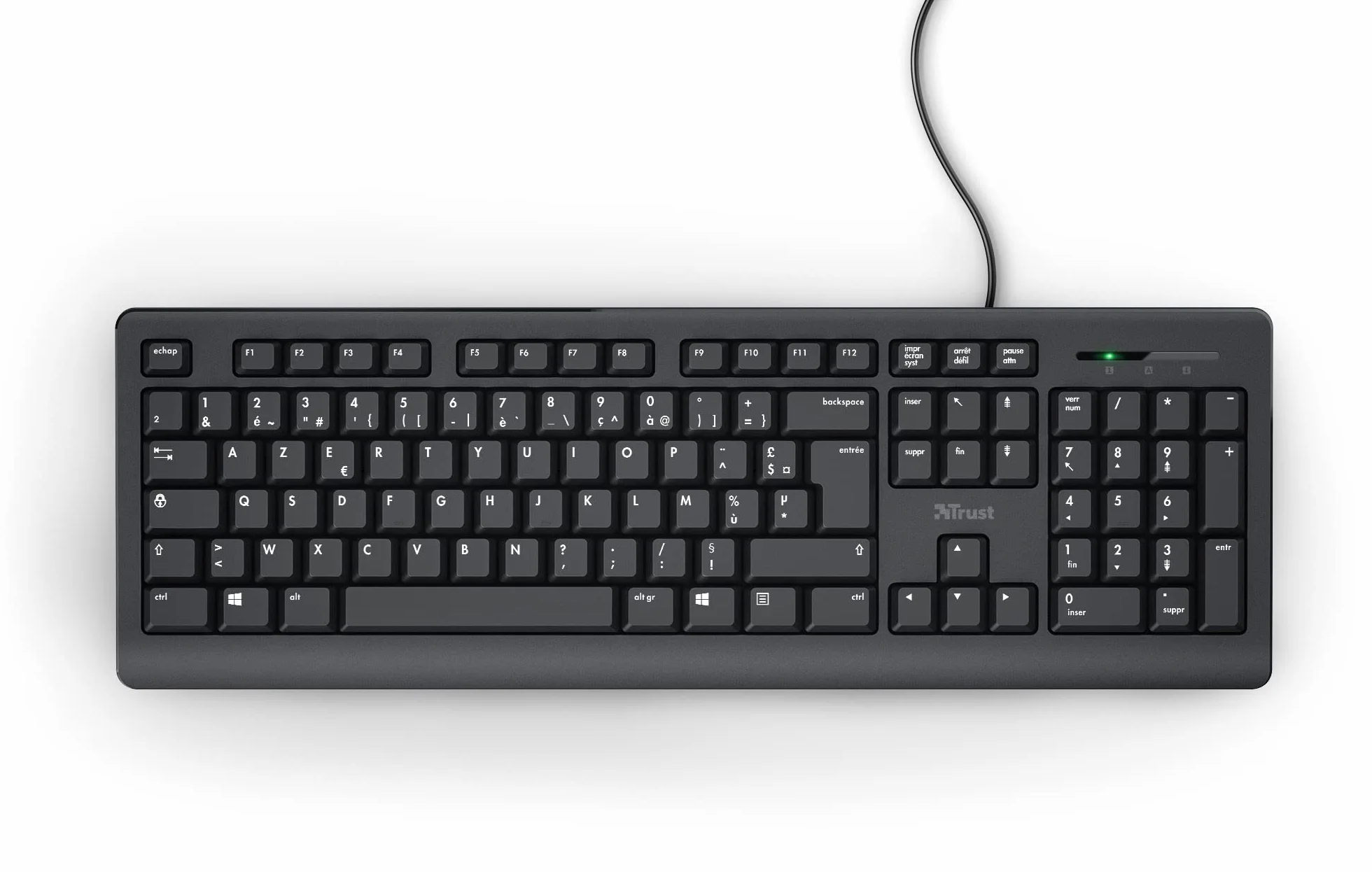 Trust Taro Clavier Filaire AZERTY Français Résistant aux Éclaboussures Silencieux USB 1.8 m Touches Plates Noir