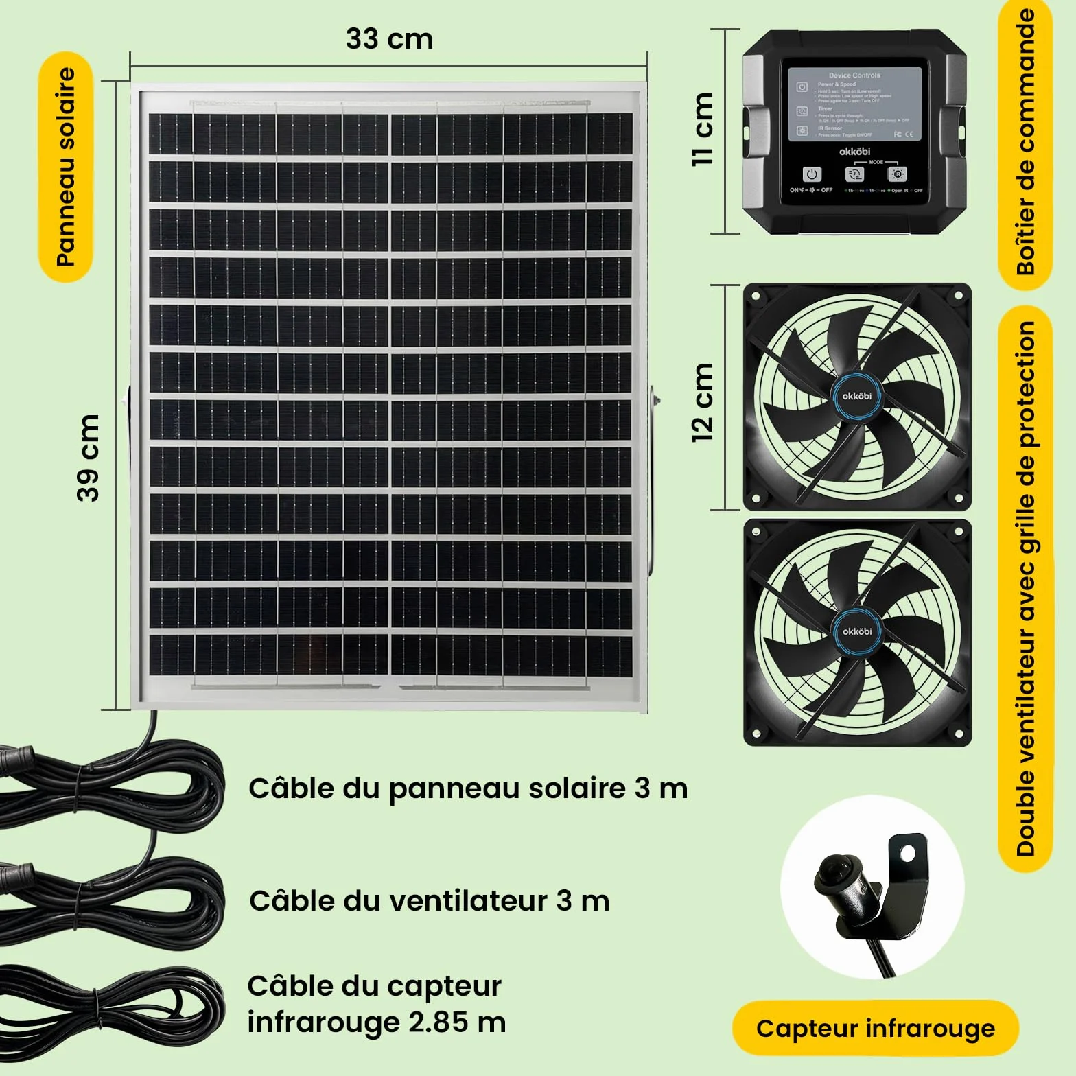 Ventilateur Solaire Poulailler Serre Double Ventilation avec Batterie Admission Extraction Air Boîtier Contrôle 3 Modes