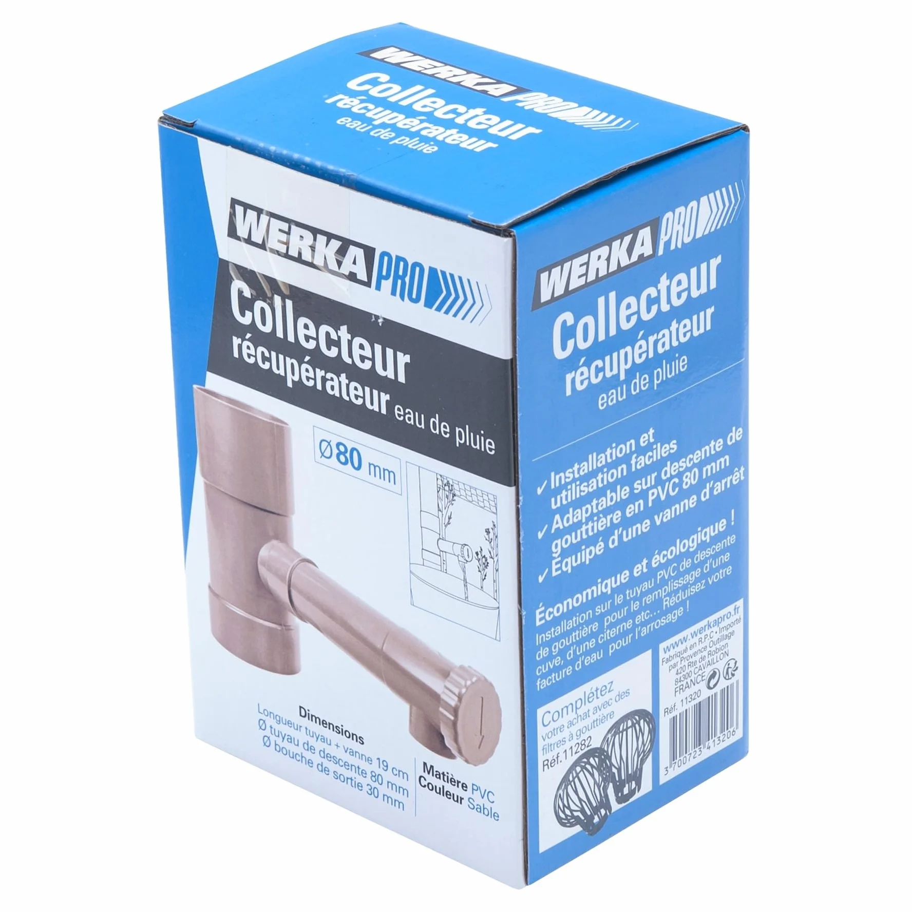 WERKA PRO Collecteur Récupérateur d'Eau de Pluie Ø 80 mm PVC Sable Vanne d'Arrêt Intégrée