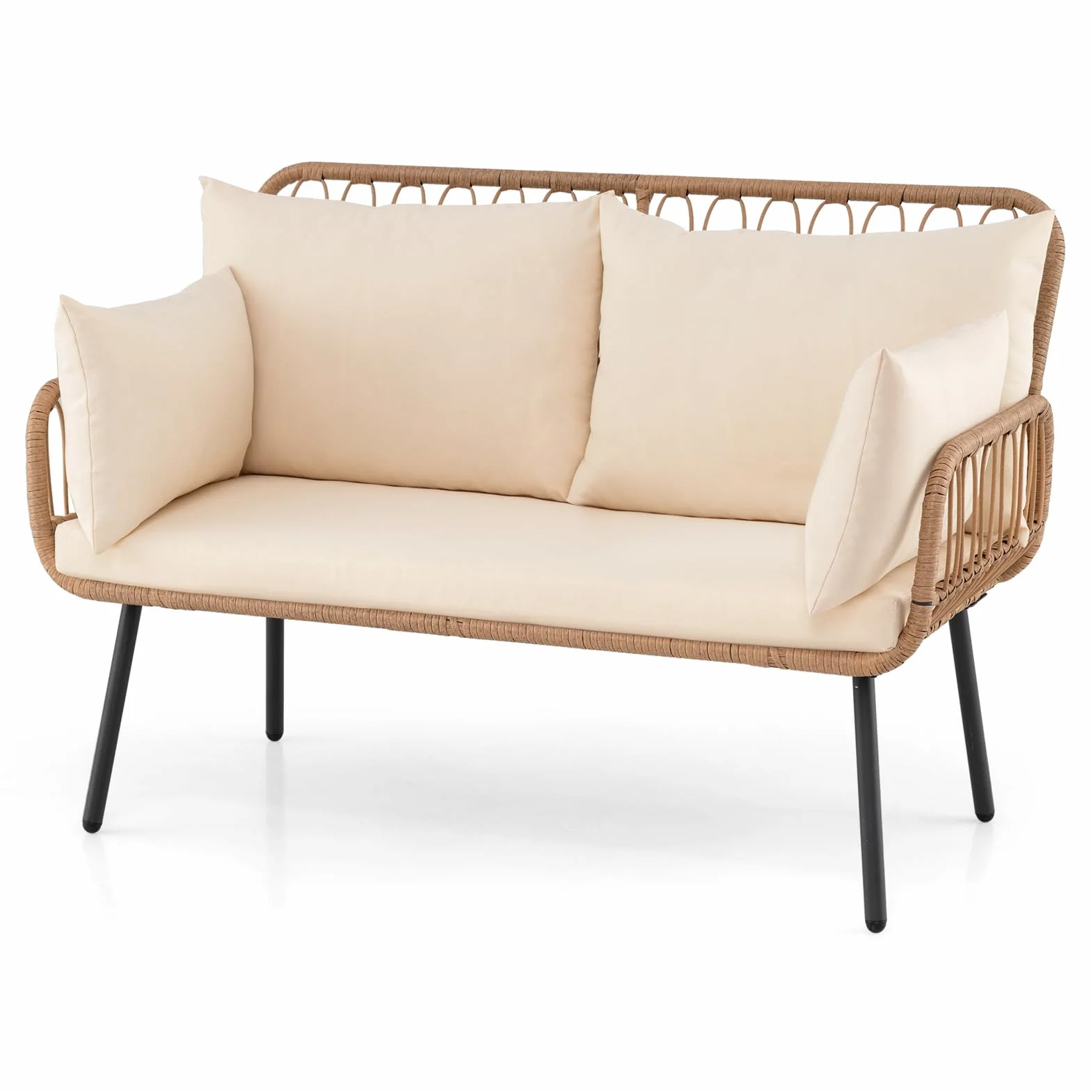 Canapé de Jardin 2 Places en Rotin Résine 118x62x81 cm avec Coussins, Cadre Métal, Charge 300 kg pour Balcon Terrasse