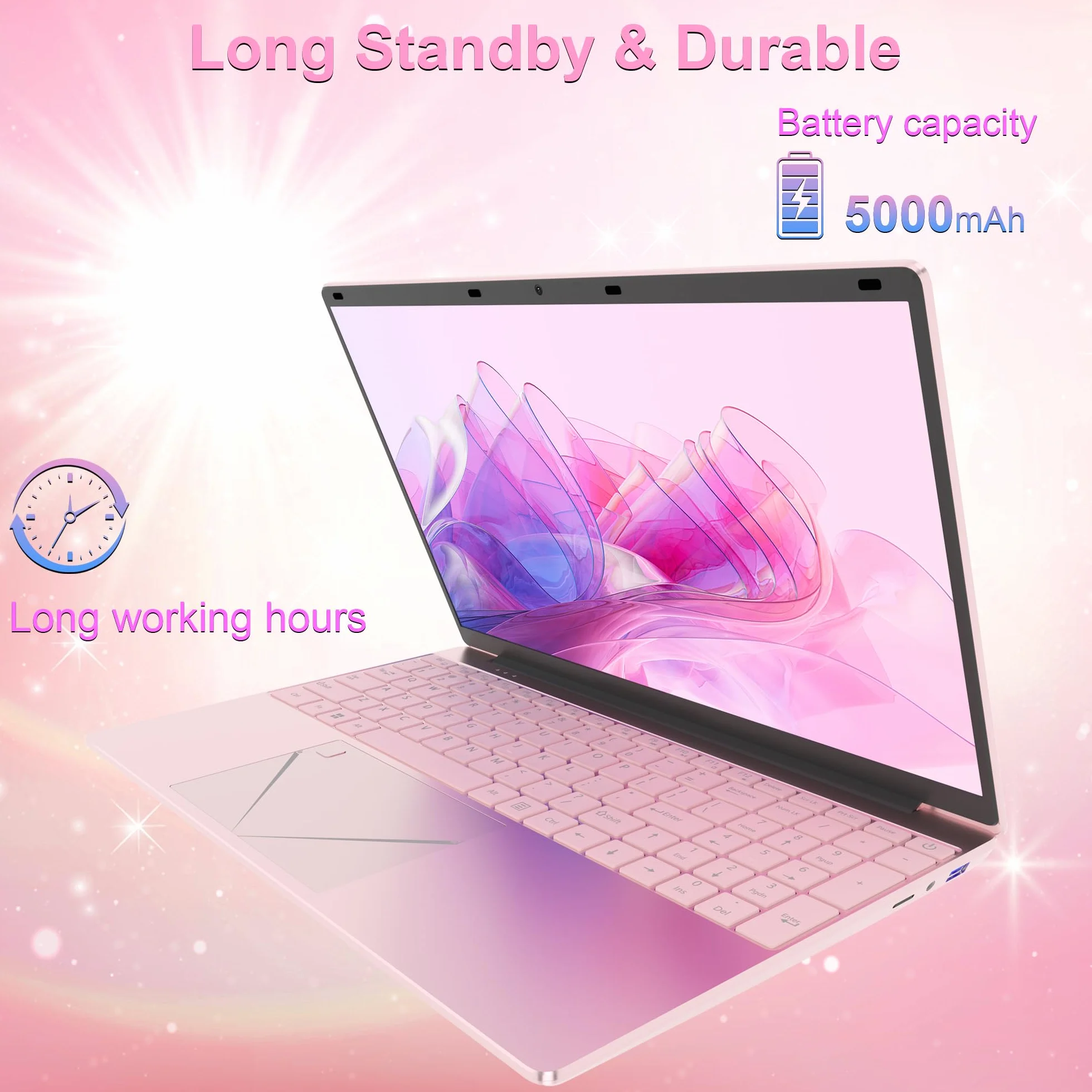 Ordinateur Portable 15,6 Pouces Rose, FHD 1920x1080, Processeur N95 3,4 GHz, 16 Go DDR4 RAM, 512 Go SSD, Léger pour Étudiants