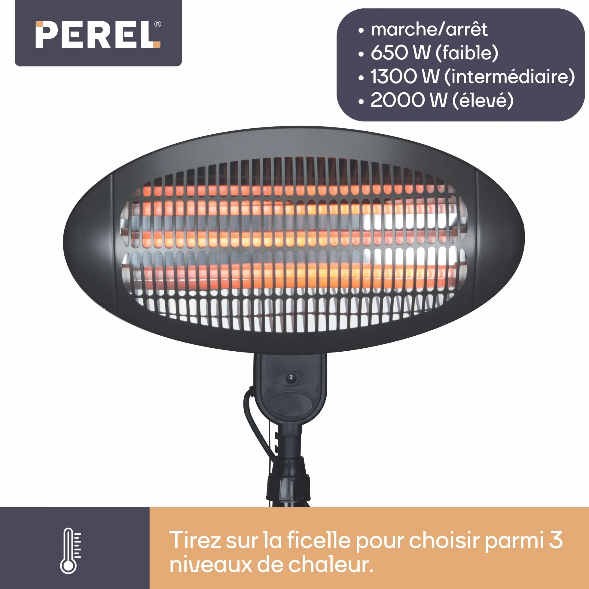 Perel Chauffage de terrasse sur pied 2000 W Quartz Protection anti-basculement 3 niveaux Résistant aux projections d'eau Métal Noir