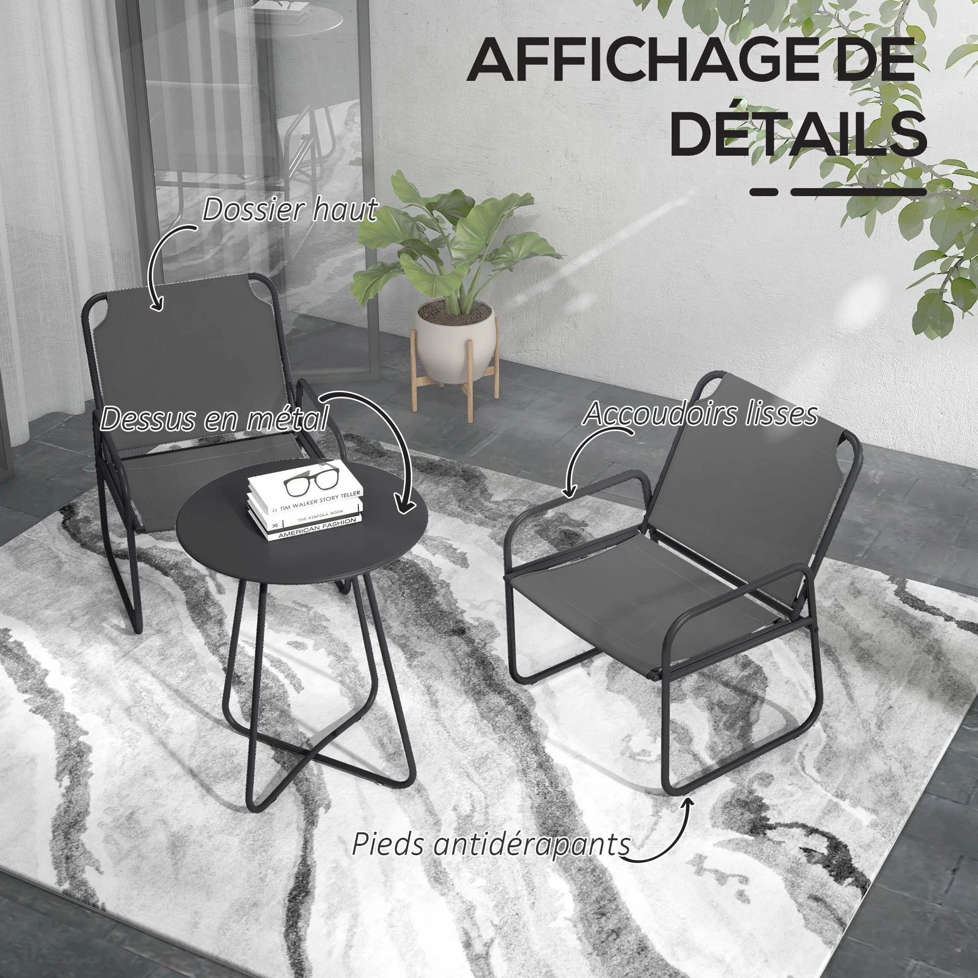 Outsunny Salon de Jardin 3 pièces, 2 fauteuils 1 table ronde, Acier, Tissu respirant, Gris