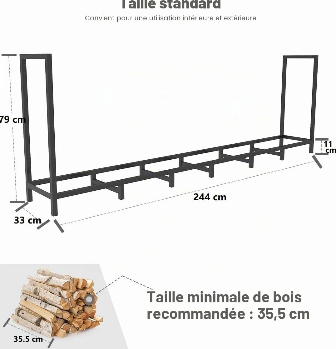 Range-bûches d'extérieur 2,4 m avec 14 pieds, étagère à bois résistant à la rouille, empilable réglable
