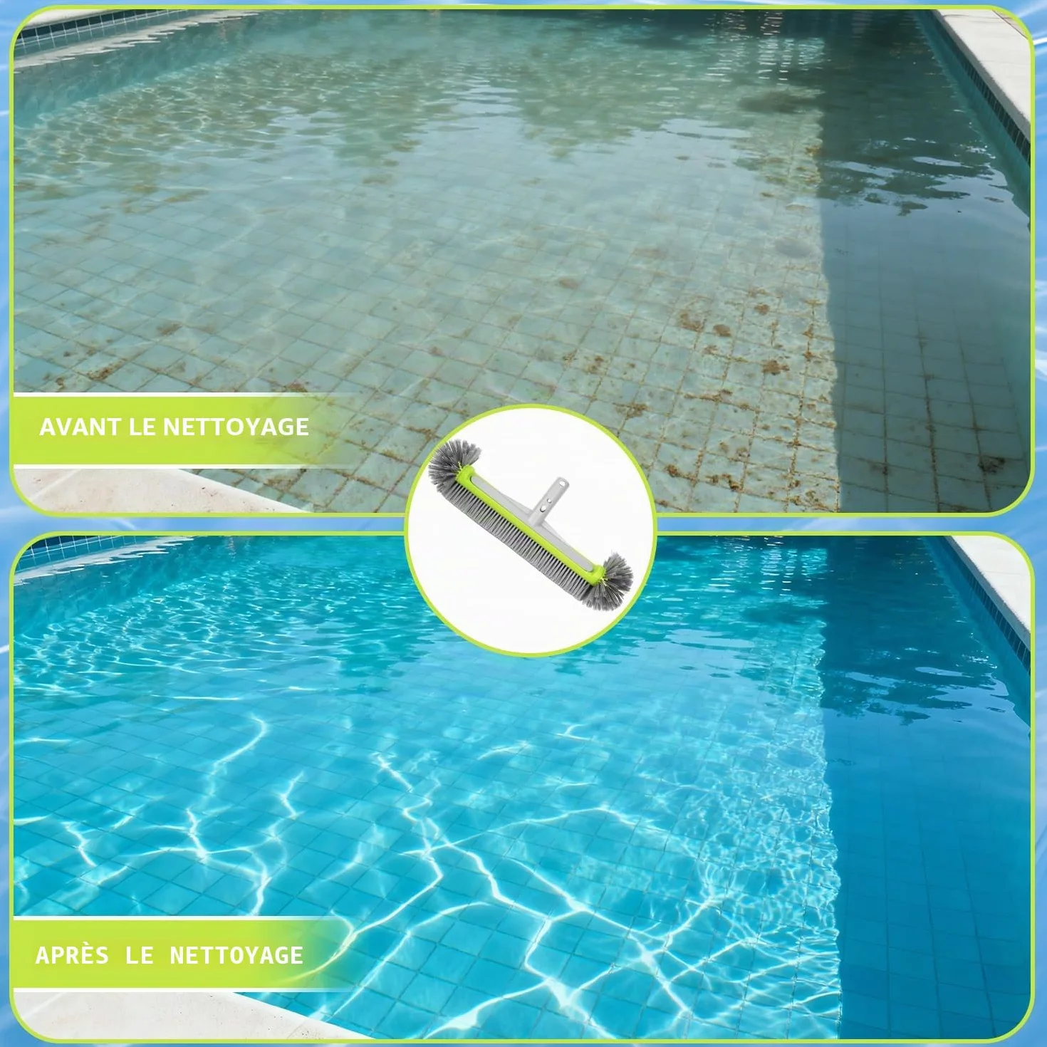 Tête de Brosse de Piscine 45cm Balai Piscine Brosses Poils Robustes Manche Aluminium Hémisphérique Mur Sol