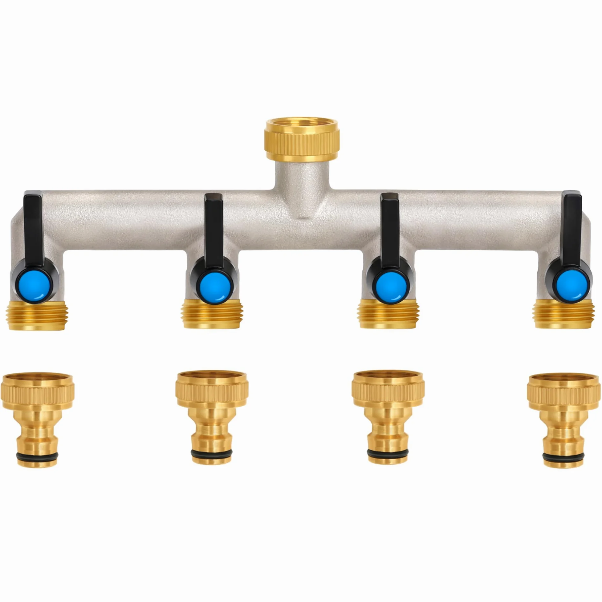 Distributeur d'eau à 4 voies, poignée allongée, distributeur d'eau en laiton de 3/4" avec robinets d'arrêt individuels, 4 distributeurs adaptateur 3/4" 1/2" pour