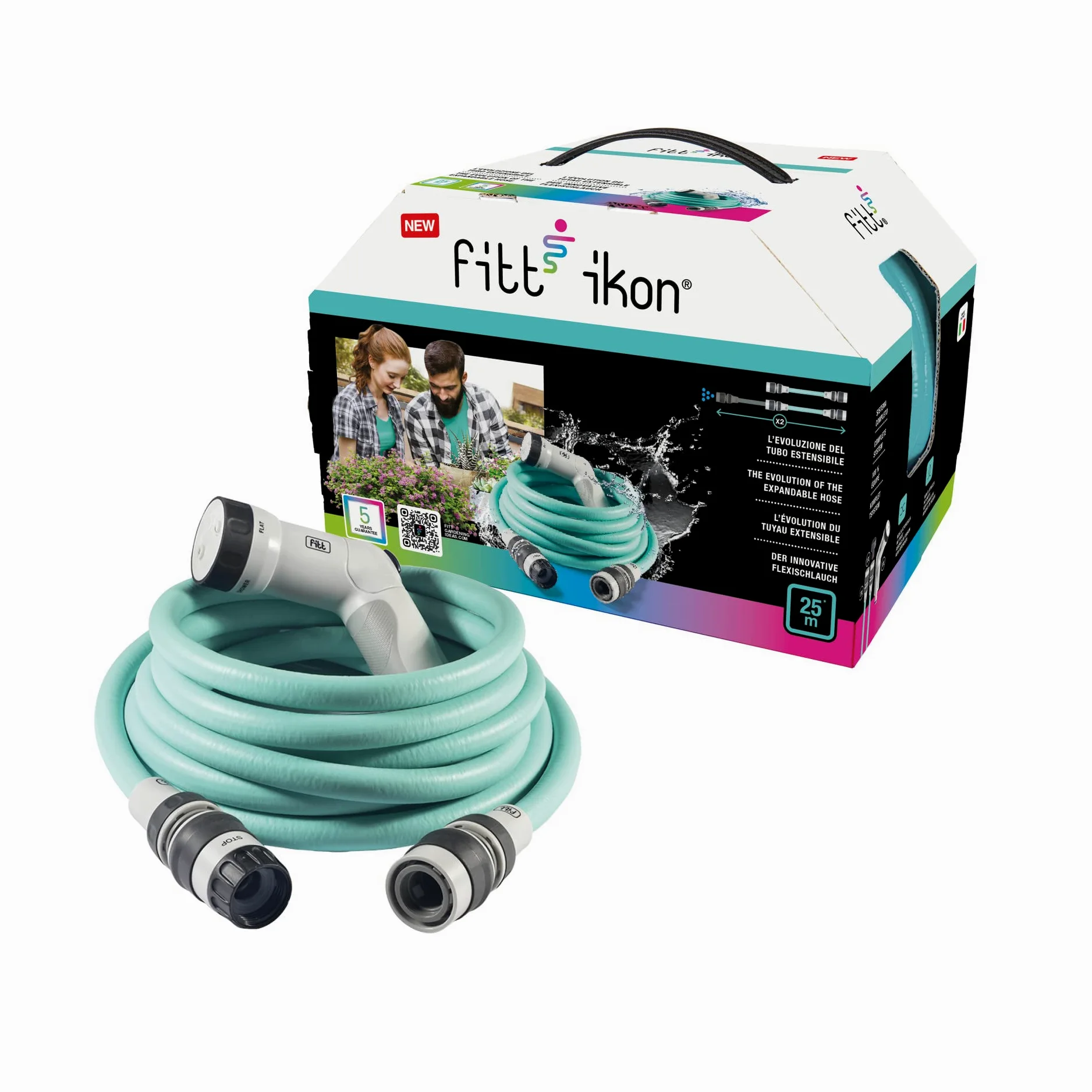 FITT IKON 25 m - Tuyau d'arrosage extensible, compact, léger et prêt à l'emploi, avec pistolet multi-jet, Aquamarine