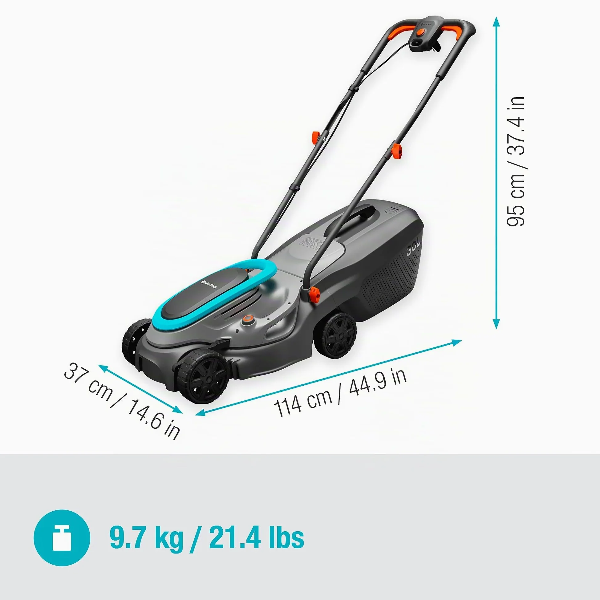 Gardena tondeuse à gazon électrique PowerMax 32/1200 G2: Tondeuse <300 m², puissance 1 200 W, largeur coupe 32 cm, volume bac 30 l, hauteur coupe 35–65 mm, poignée ErgoTec, rabattable (14633-20)