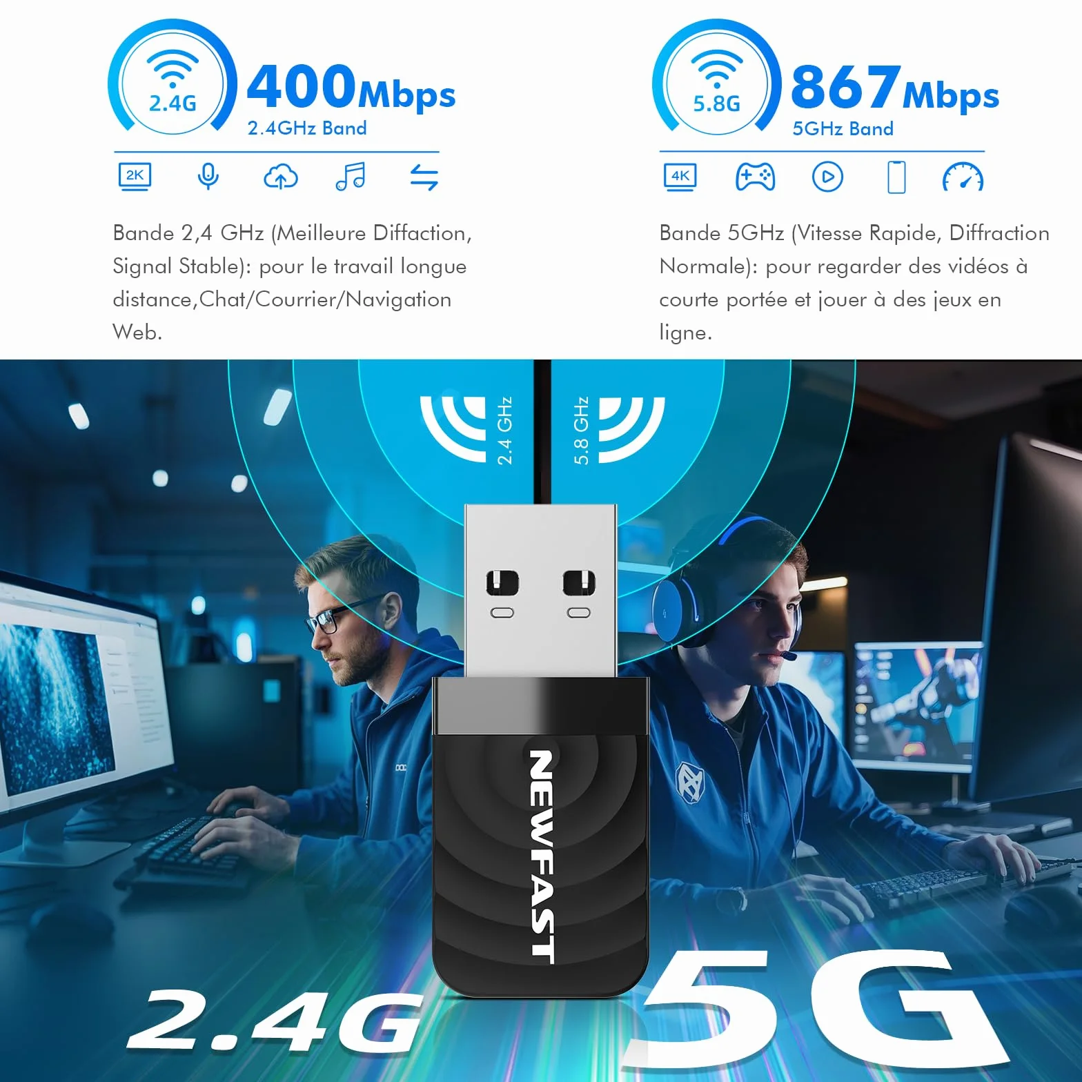 NEWFAST Clé WiFi AC1300 Mbps NF-U323, Nano Adaptateur USB WiFi Double Bande 2.4G/5GHz, MU-MIMO USB 3.0