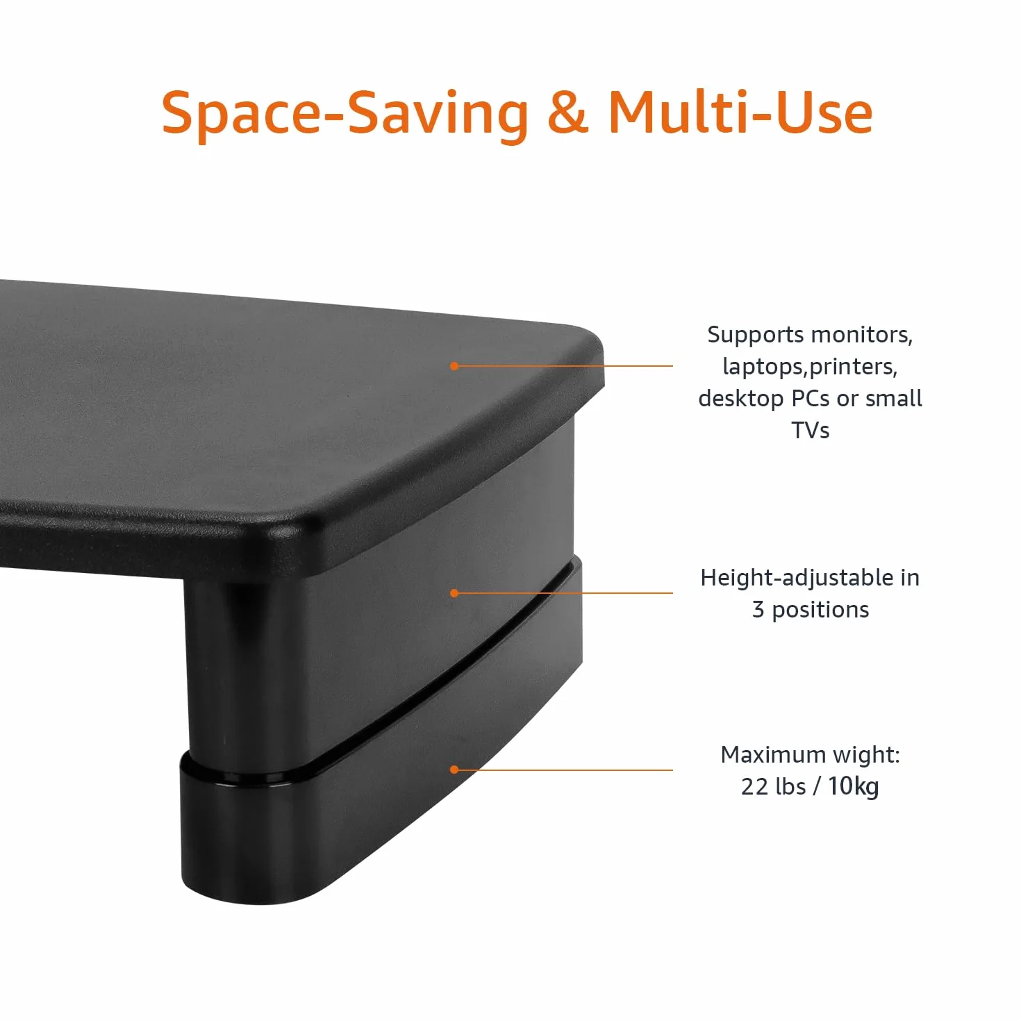 Amazon Basics Rehausseur de Moniteur Réglable en Hauteur, Design Empilable 3 Niveaux, Plastique ABS, 10kg, Noir