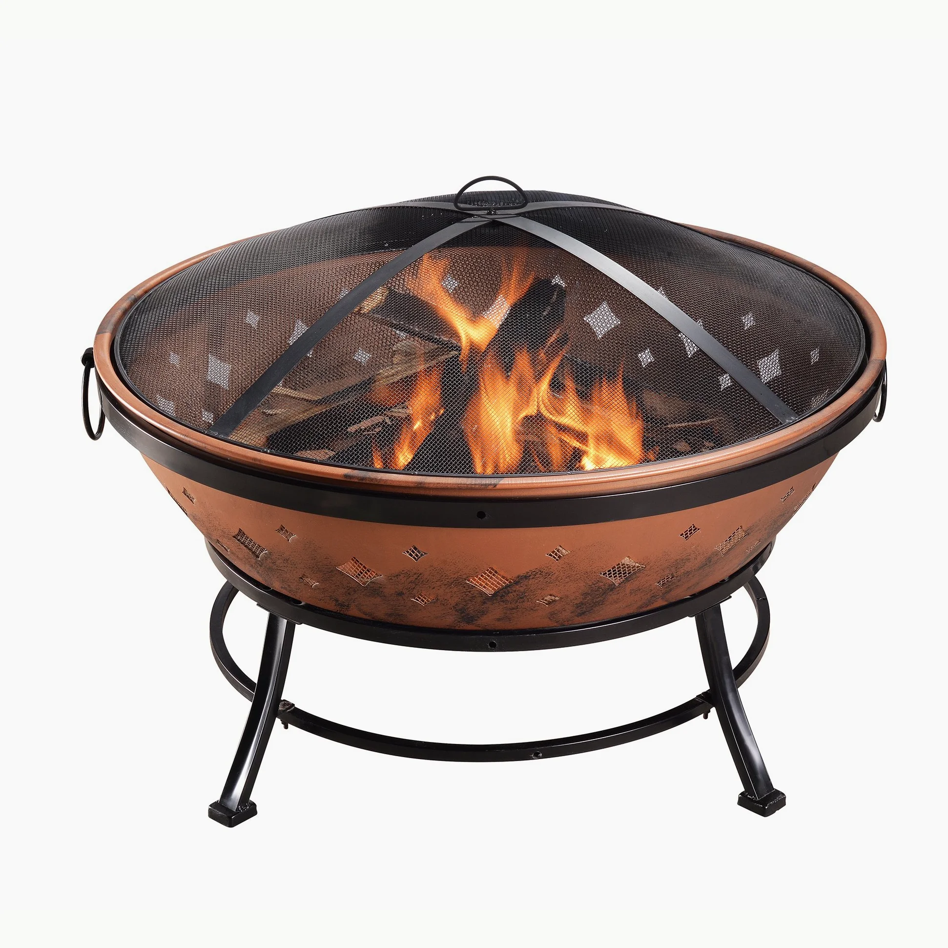 Braséro de Jardin à Bois Chauffage extérieur Acier Foyer Rond 89 cm Couvercle de Protection tisonnier cuivré Teamson Home FP35 | Foyer pour Extérieur