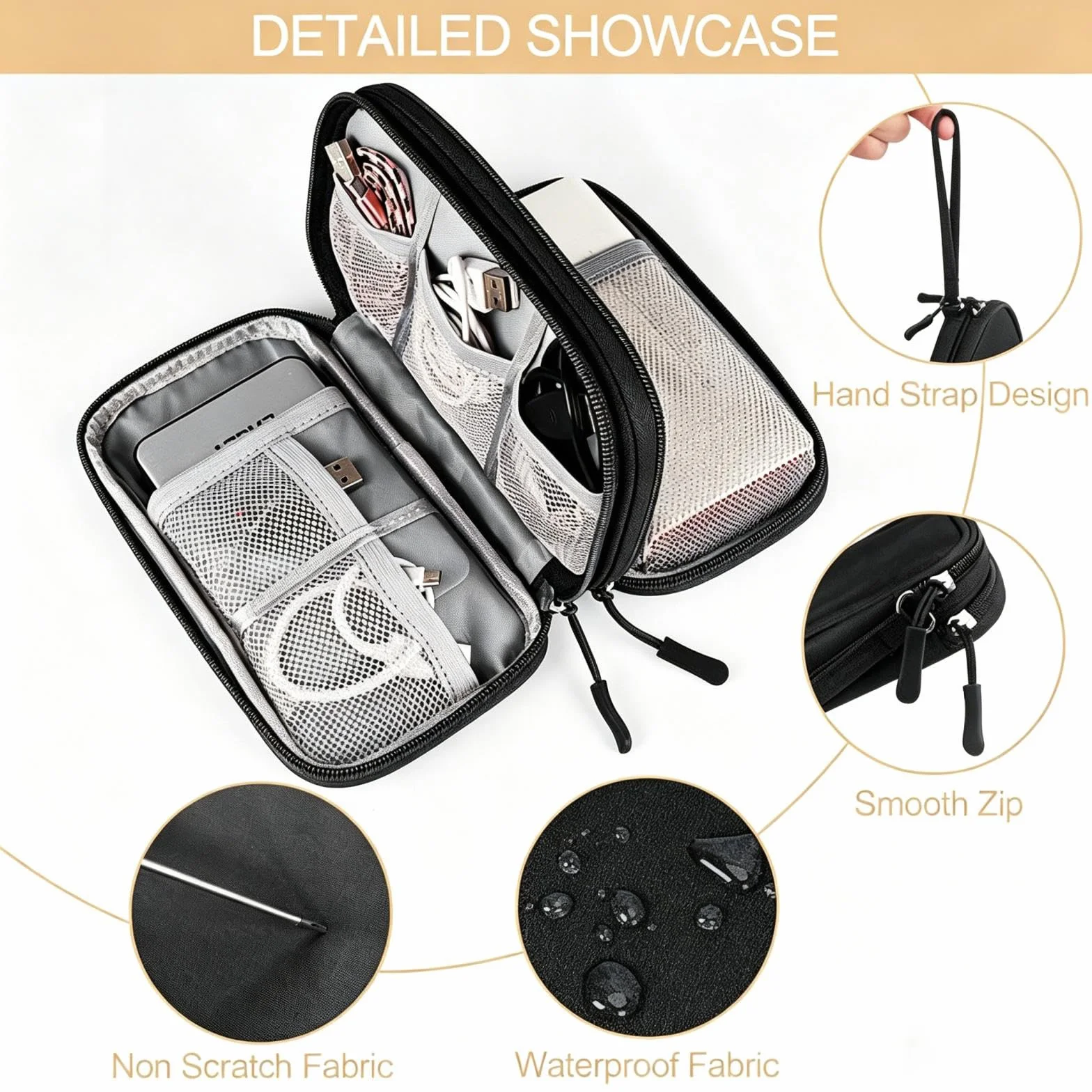 Sac de Rangement Câble Portable, Pochette pour Disque Durs Chargeur Câbles Carte SD Noir
