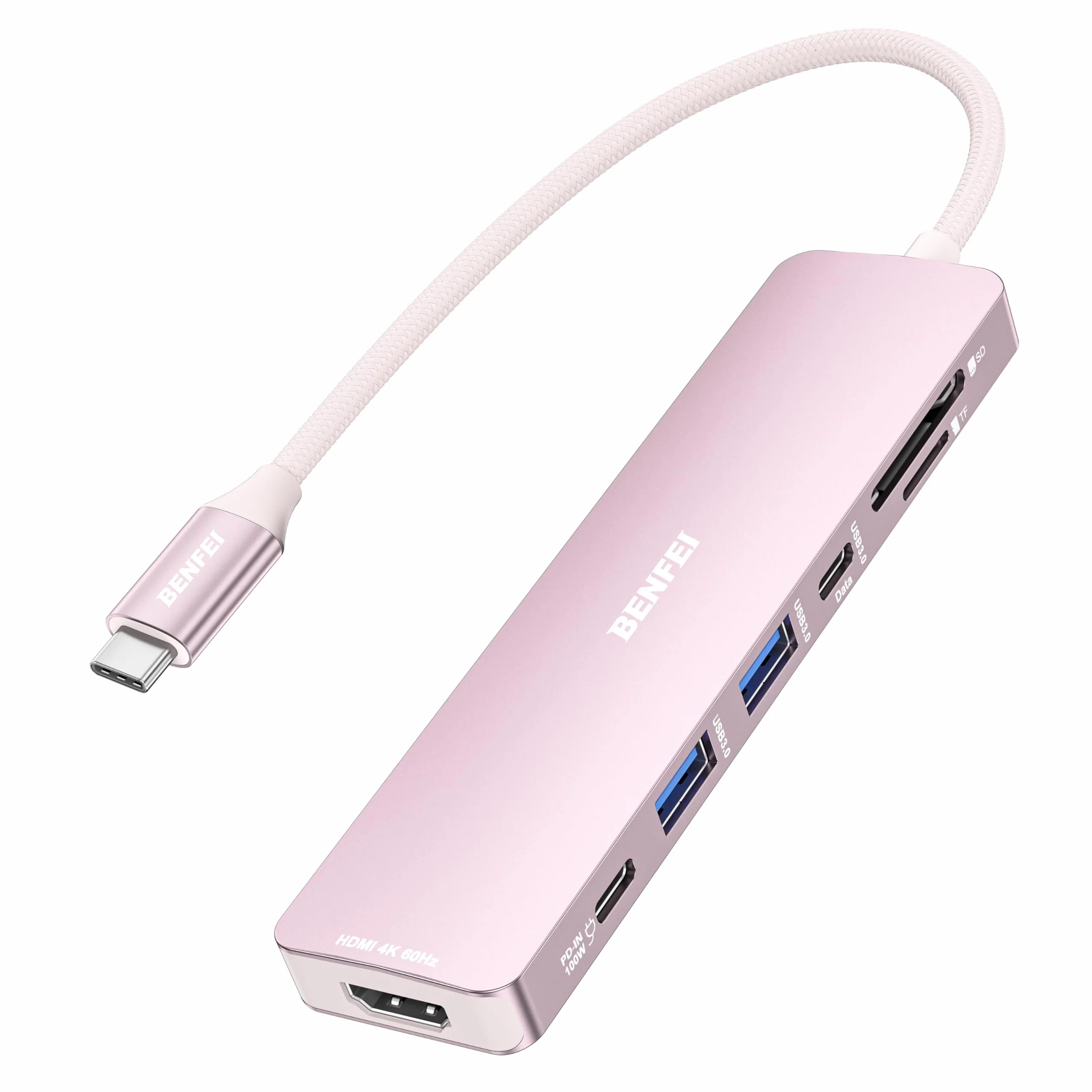 BENFEI Hub USB C 7-en-1 HDMI 4K@60Hz 100W Charge SD/TF MacBook Pro Air iPad Pro iMac Pink