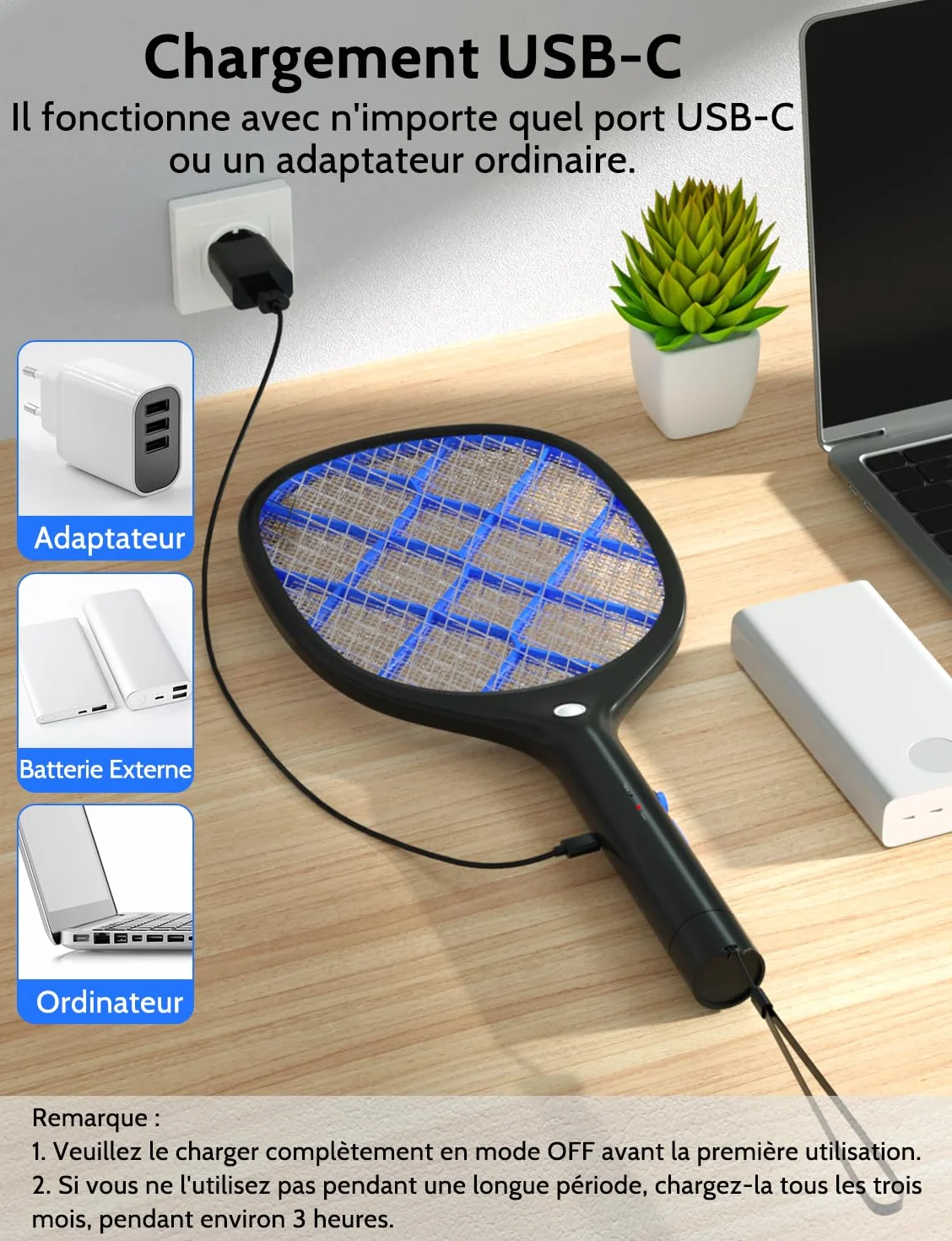 YISSVIC Raquette Electrique Insectes 4000 V Anti Moustique Rechargeable avec LED Noir
