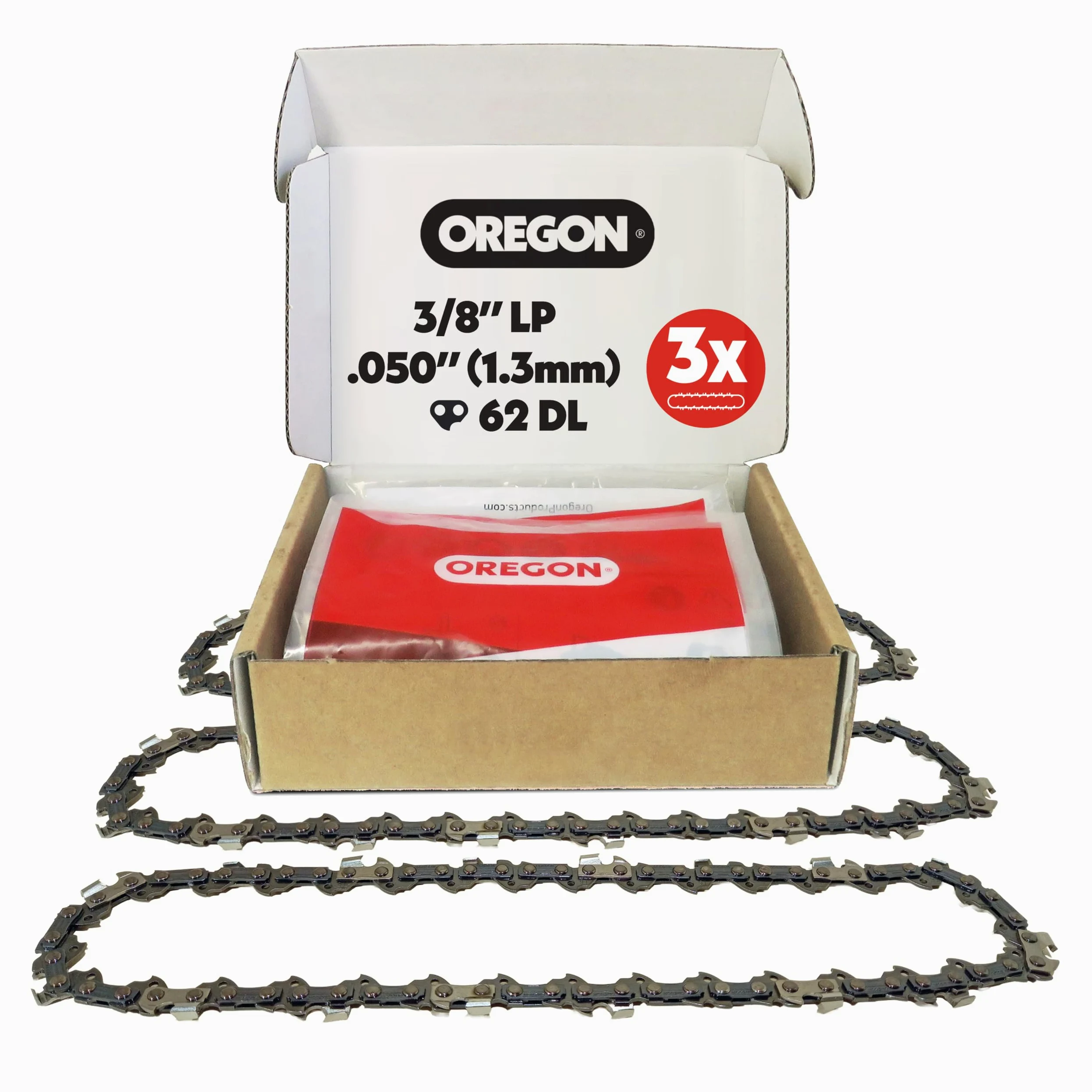 Oregon Lot de 3 Chaîne de Tronçonneuse 3/8" LP pour Guide de 45cm (18"), Jauge .050" (1,3mm), 62 Maillons - Chaîne Rechange, Semi-ciseau, Compatible Husqvarna, Bosch, Black + Decker et plus