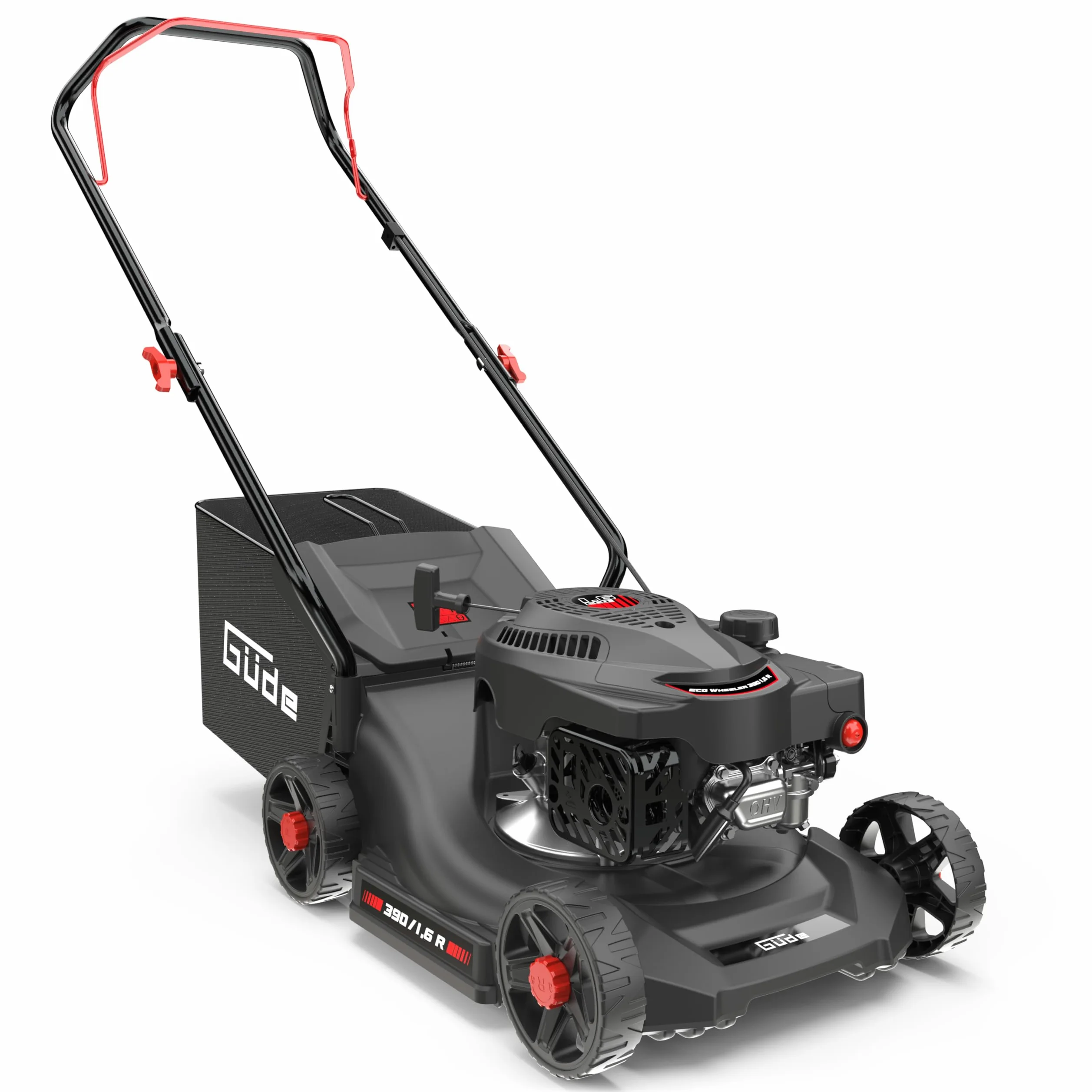 Güde Tondeuse à Gazon ECO Wheeler 390 1,6 R (Moteur à Essence 4 Temps 1,6/2 (KW/PS), Largeur de Coupe 390 mm, Dispositif de Capture 35 l, 3 Niveaux de Hauteur de Coupe 30-66 mm, Tonte, Collecte,