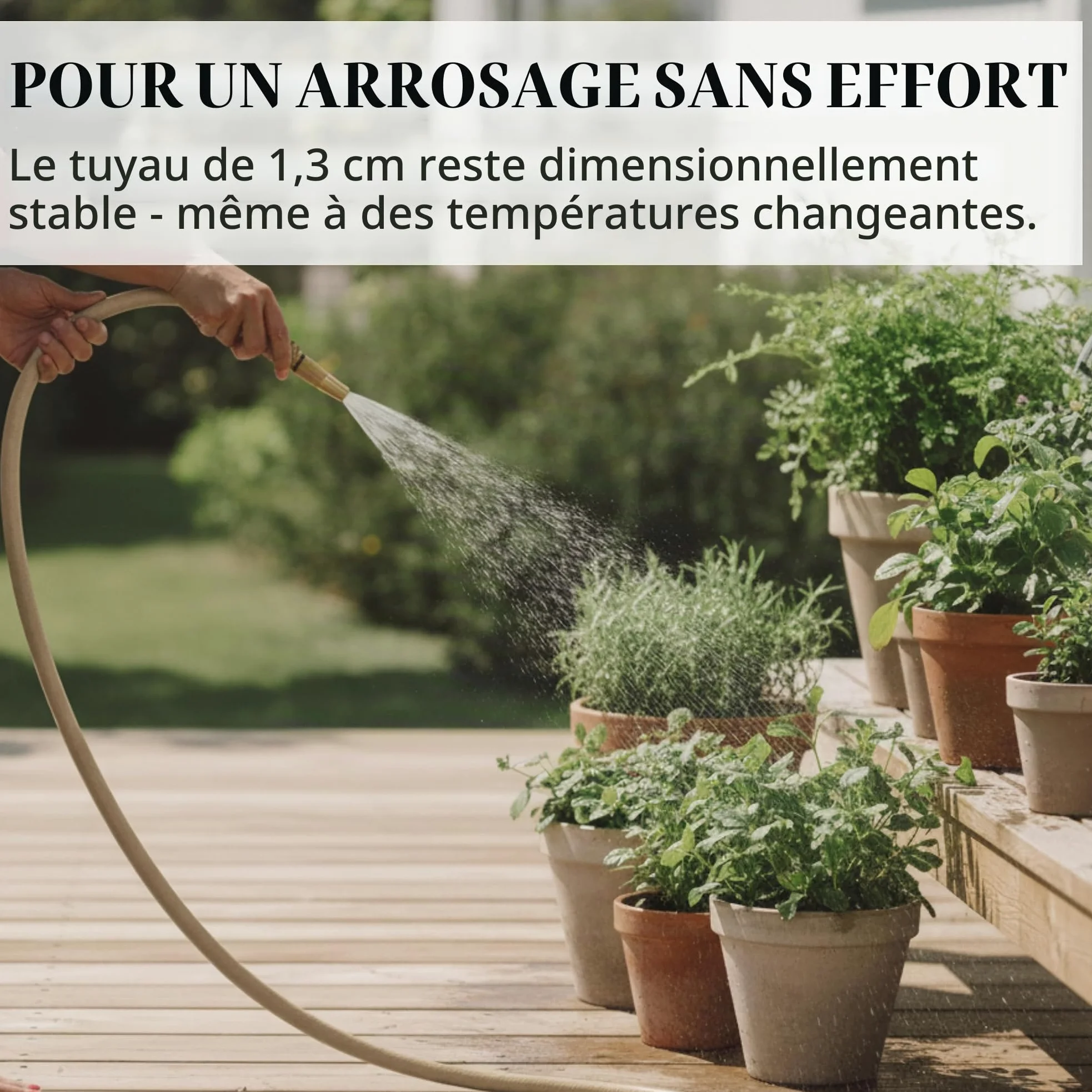 LIVLIG Tuyau d'Arrosage 10m Design – Tuyau Arrosage Flexible, 60% Recyclé, UV Résistant, Anti-Torsion, 1/2 Pouce, Beige