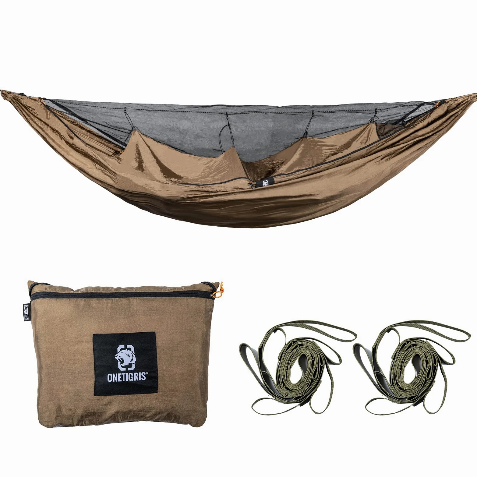 OneTigris KOMPOUND hamac de Voyage 1 Personne hamac extérieur avec moustiquaire |Emballage MODULAIRE 260x130cm(Coyote Brown)